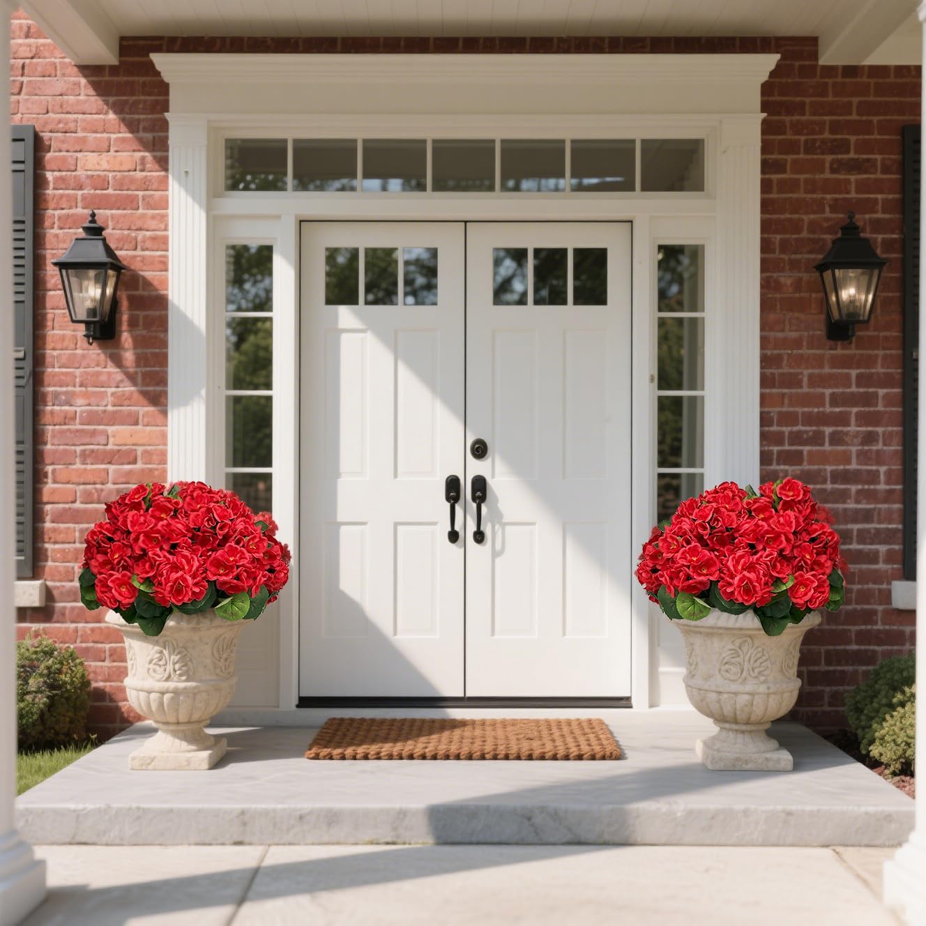 6 Bundles 15" Artificial Geranium Fake Flowers for Outdoor Decoration - Fake Silk Faux Plants UV Resistant for Front Door Planter Outside Balcony Yard Porch Garden Patio Home Decor(Red) - Image 4