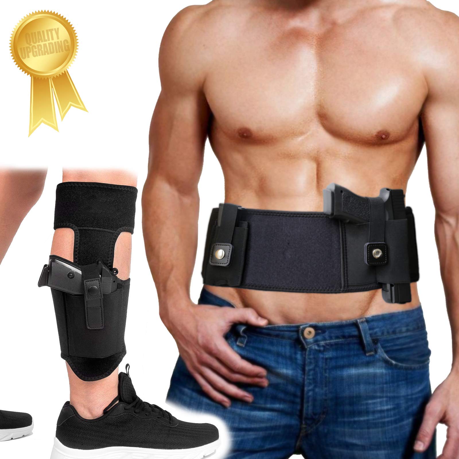 Belly Band Holster+Ankle Holster, Universal Holsters Combo for Concealed Carry, Tactical Gun Holster for Men and Women-Fits Glock 17 19 26 42 43, Ruger LCP, M&P Shield, Sig Sauer, Ruger, Kahr, Beretta