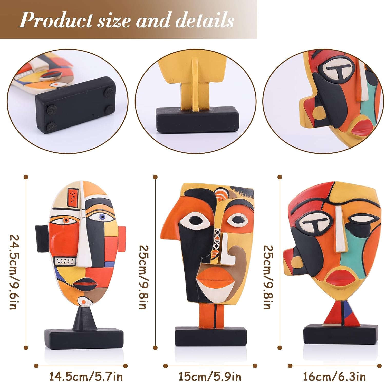 9.8“ Resin Abstract Coffee Table Sculptures, Handcrafted 3 PCS African Art Tribal Figurines Weird Art Decor, Modern Design African Statues for Home, Office, Living Room, Bookshelf, Cabinets Accent