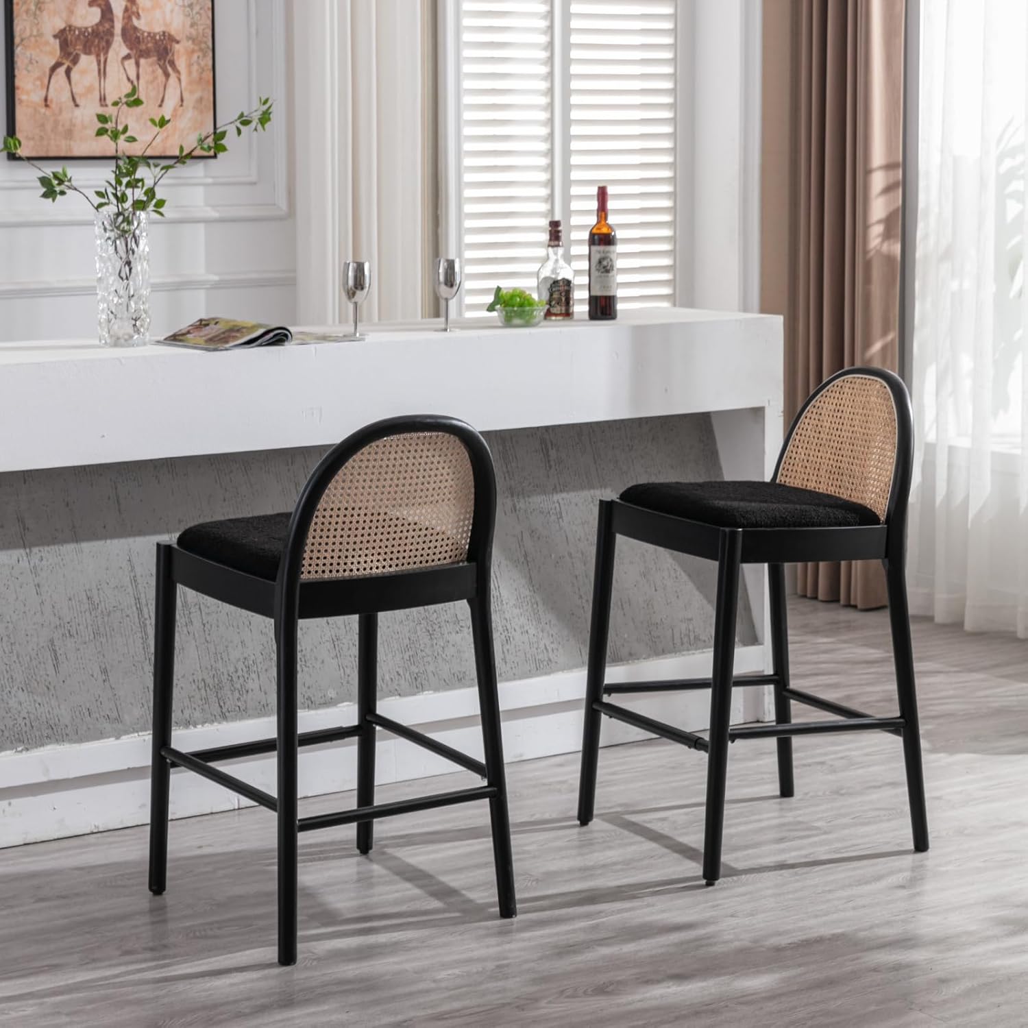 Ya-Home Mid-Century Bar Stools Set of 4, 30 Inch Rattan Back Sherpa Counter Height Barstools Comfy Upholstered Bar Chairs with Wooden Legs for Kitchen Dining Room, Black