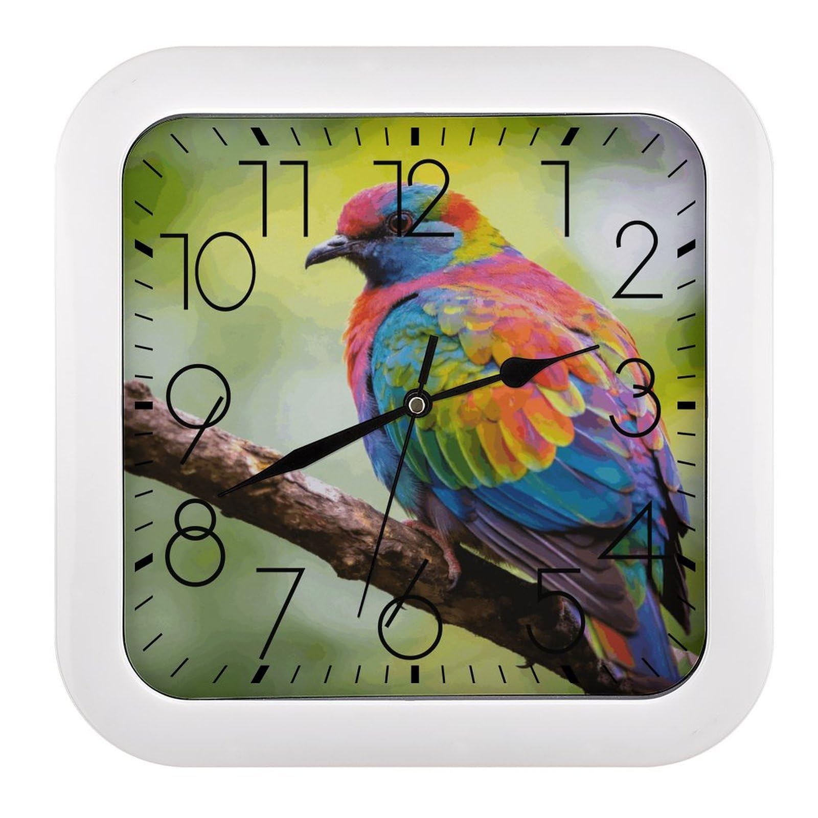 Fodpand Style With Colorful Feathers Wall Clock,Battery Operated Modern Retro Rounded Square Clock Clock For Bedroom Living Room Office Home Gym Porch Decor Indoor Outdoor 10.2 * 10.2In