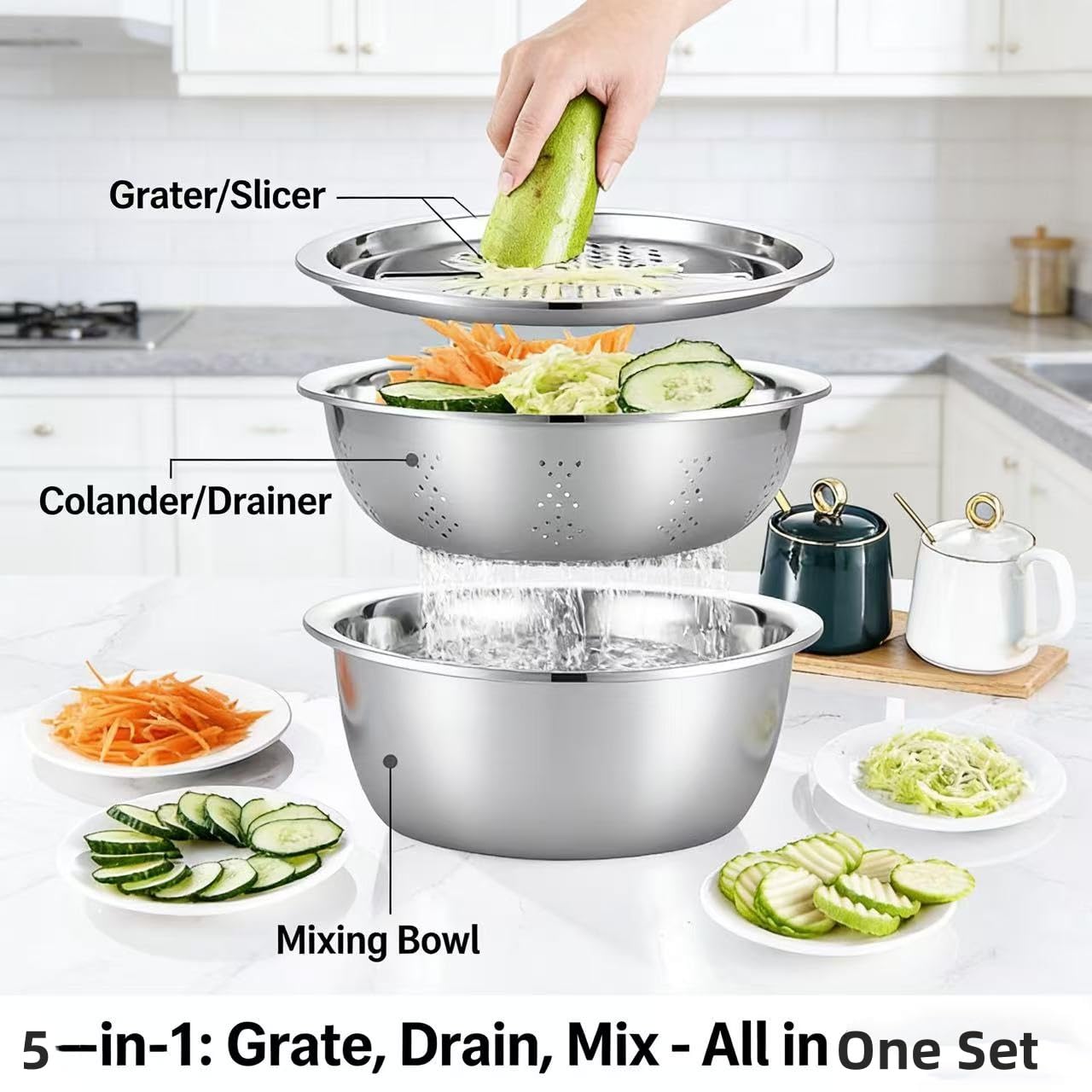 GERMANY DESIGNED 5in1 Multifunktionales Edelstahl Becken Set mit Reibe, Sieb, Abflusskorb & Salatbereiter - Premium Küche Rührschüssel für Gemüse, Obst und Nudeln