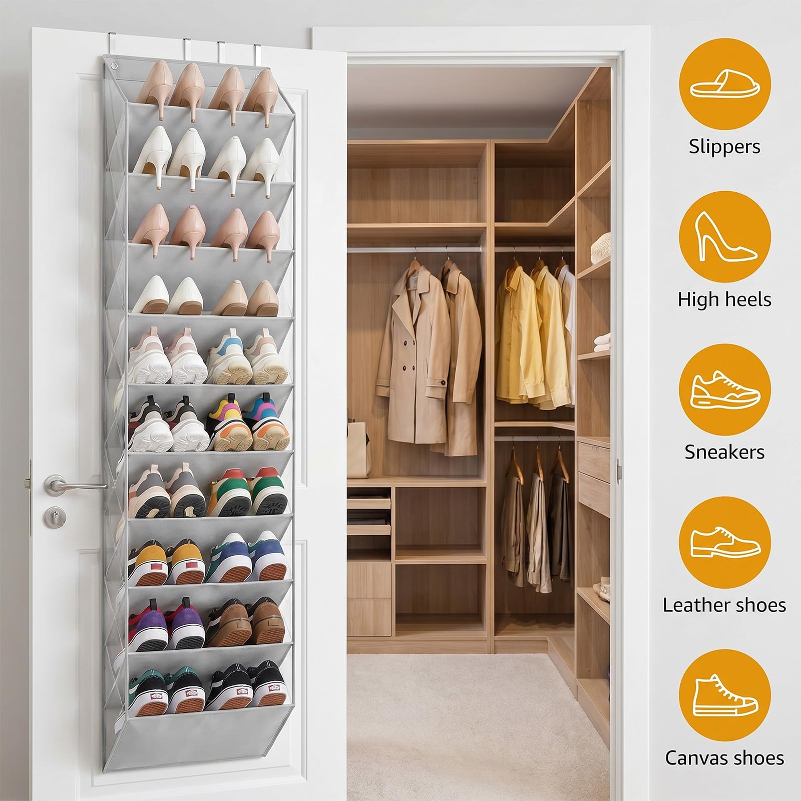 Porta Scarpe Salvaspazio Verticale con 10 Tasche Profonde & 4 Ganci, Grande Capacità Scarpiera da Appendere per Armadio, Lavanderia e Camera Letto