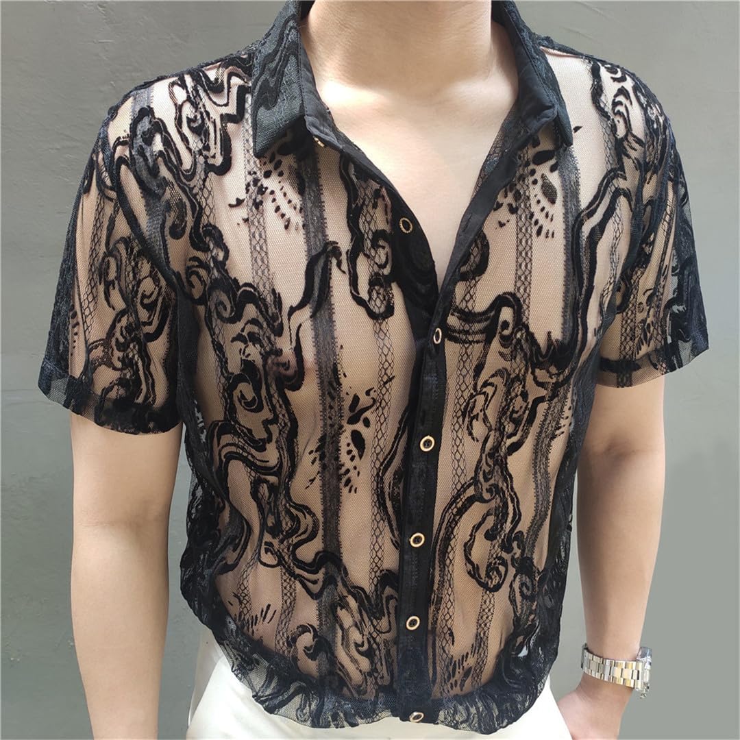 Yeuyyben Camicia Trasparente A Fiori in Pizzo Camicia Estiva A Maniche Corte See Through Button Up Camicia Nera Floreale da Uomo