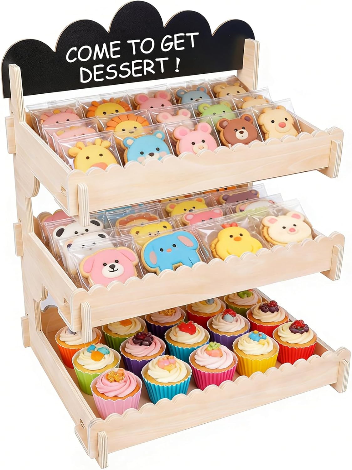 HOOMESUN [Upgraded Display Space] Cookie Display Stand - More Room & Chalkboard Sign | Wooden Tiered Stand for Bakers, Vendors at Markets & Fairs | Holds More Cookies, Cupcakes, Muffins, Pastries
