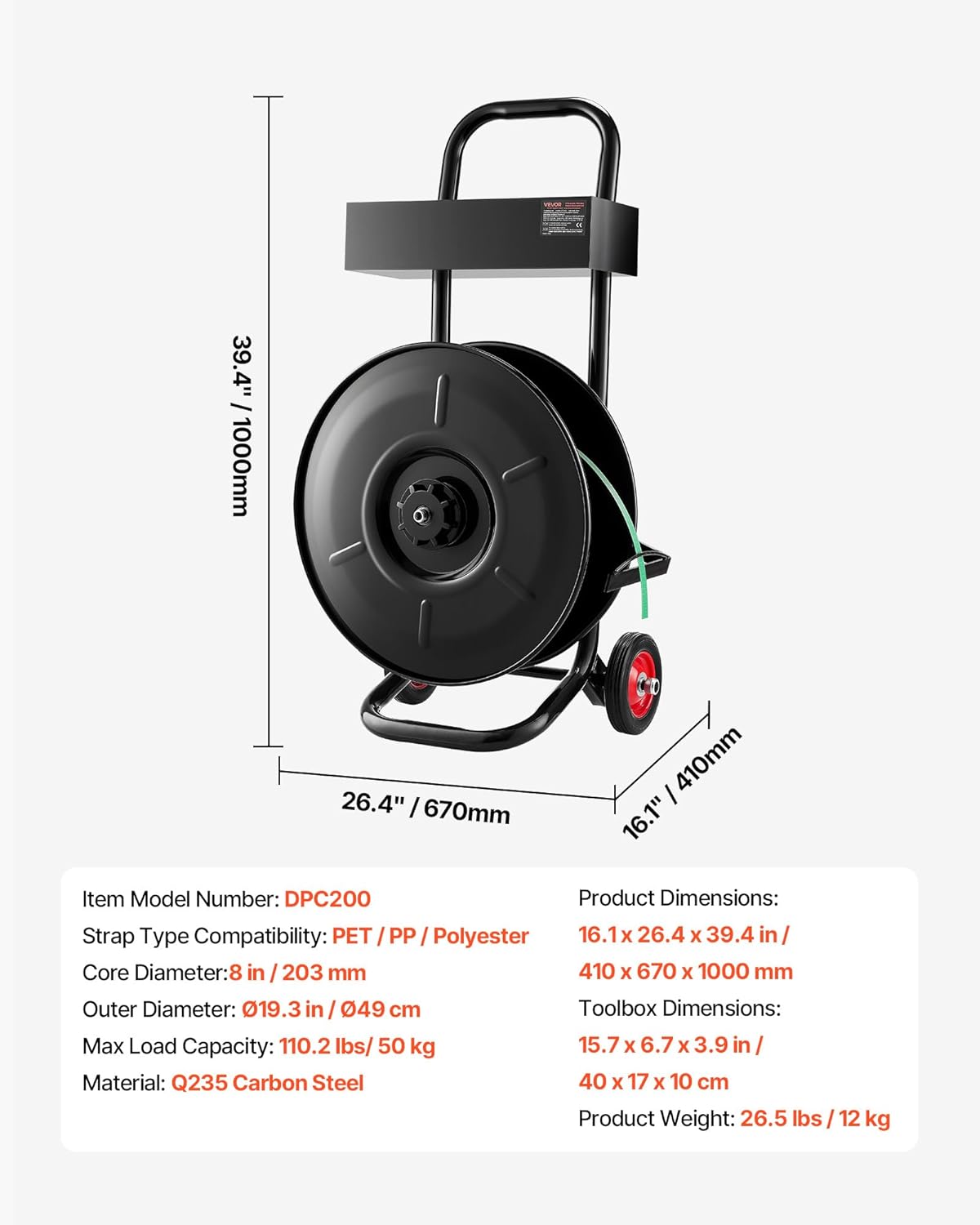 VEVOR Banding Strapping Cart, Fit for PET/PP/Polyester Strapping Coils with 8 inches Core Size, Heavy Duty Strapping Dispenser Equipped with Upgrade Brake System, Built-in Spacious Tray for Tools