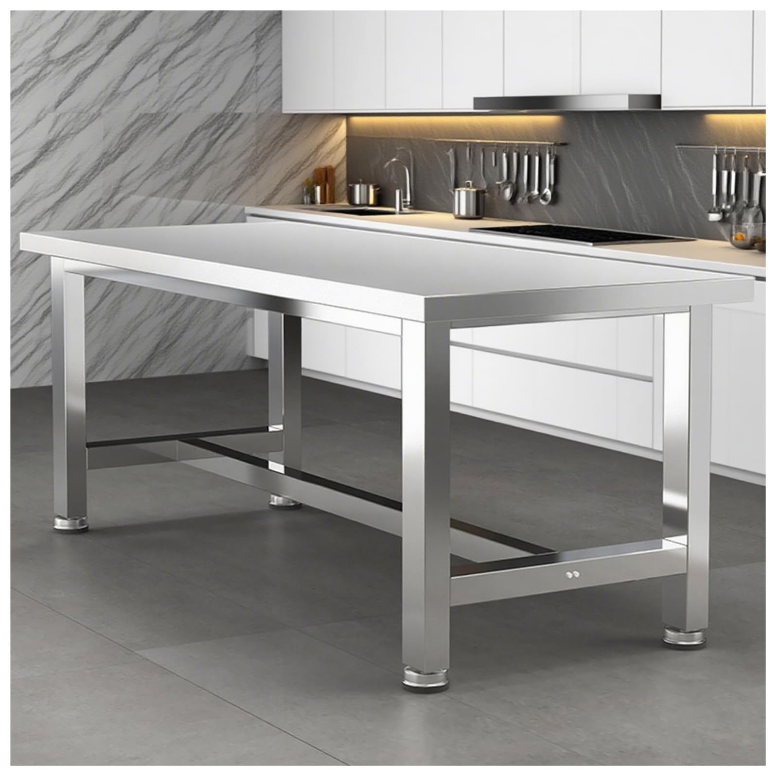 Banco de Trabajo de Acero Inoxidable Reforzado Y de Gran Espesor Mesa de Trabajo con Panel Metálico Cepillado para Taller Mesa de Laboratorio con Patas Ajustables