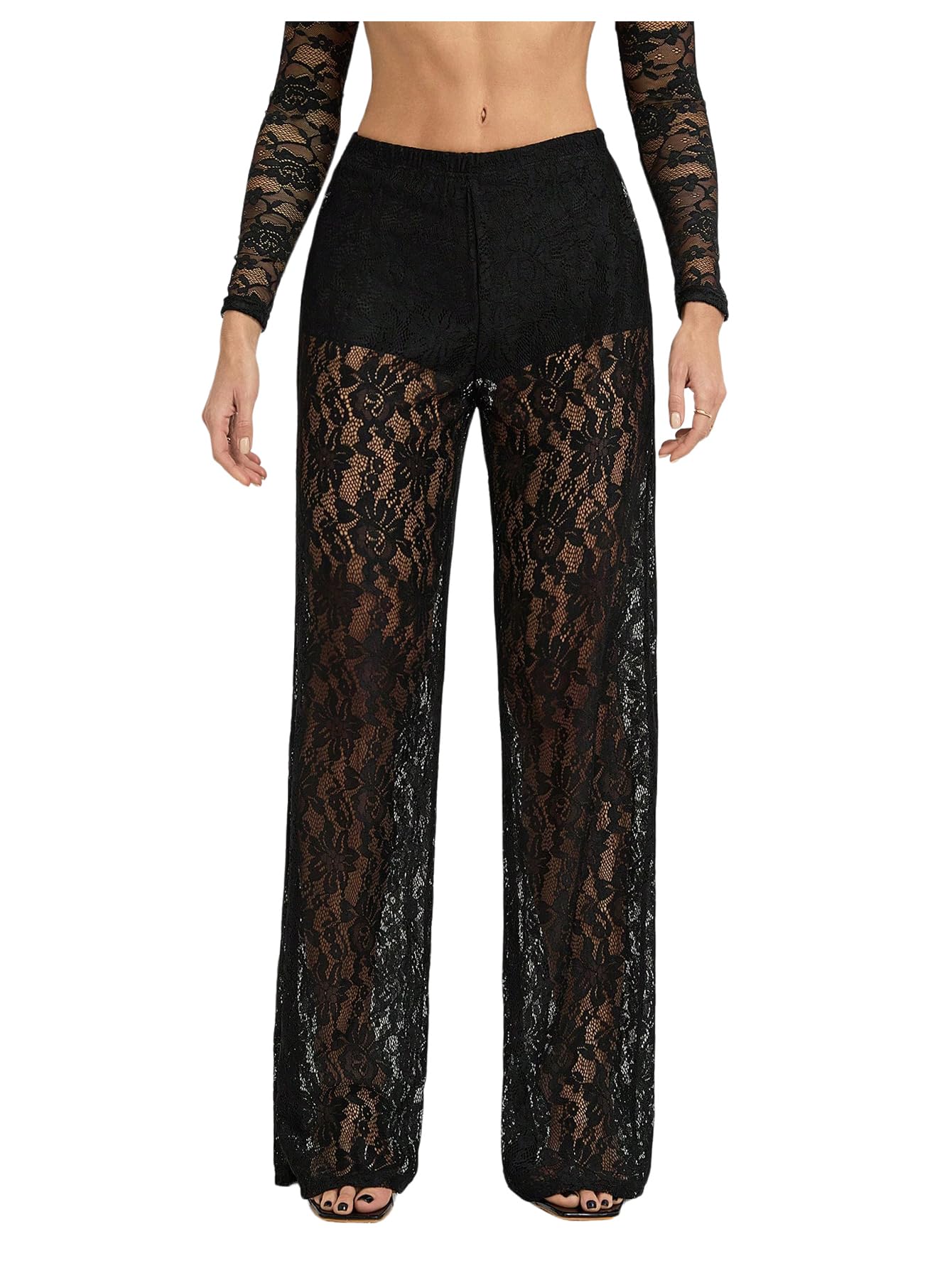 GORGLITTER Womens Lace Pants Sheer Mesh Wide Leg Pants See Through High Waist Going Out Grunge Trousers
