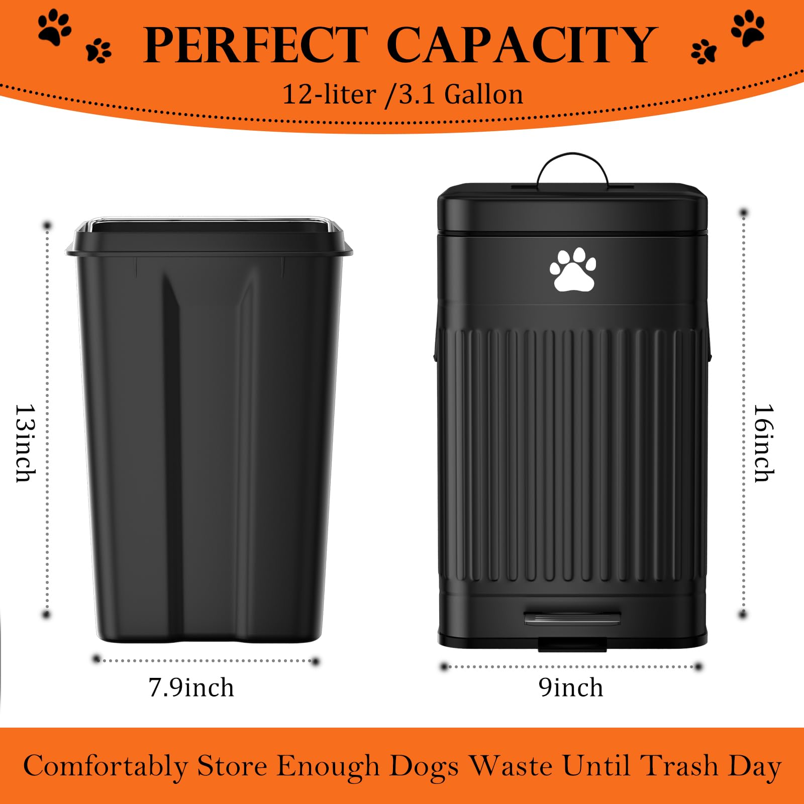 Cubo de basura para excrementos de perro en el exterior, cubo de basura de metal de 12 L/3.1 galones con tapa, pedal de pie, contenedor de residuos para perros con 40 bolsas de residuos
