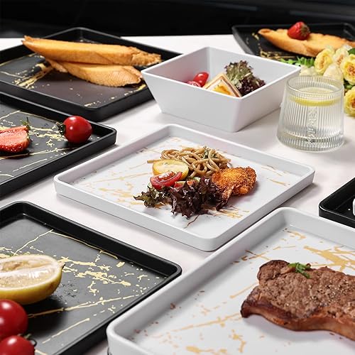 Miniatura 4 de Juego de vajilla de melamina para 4 - 12 platos para uso diario juego de platos y cuencos cuadrados irrompibles aptos para lavavajillas blanco y