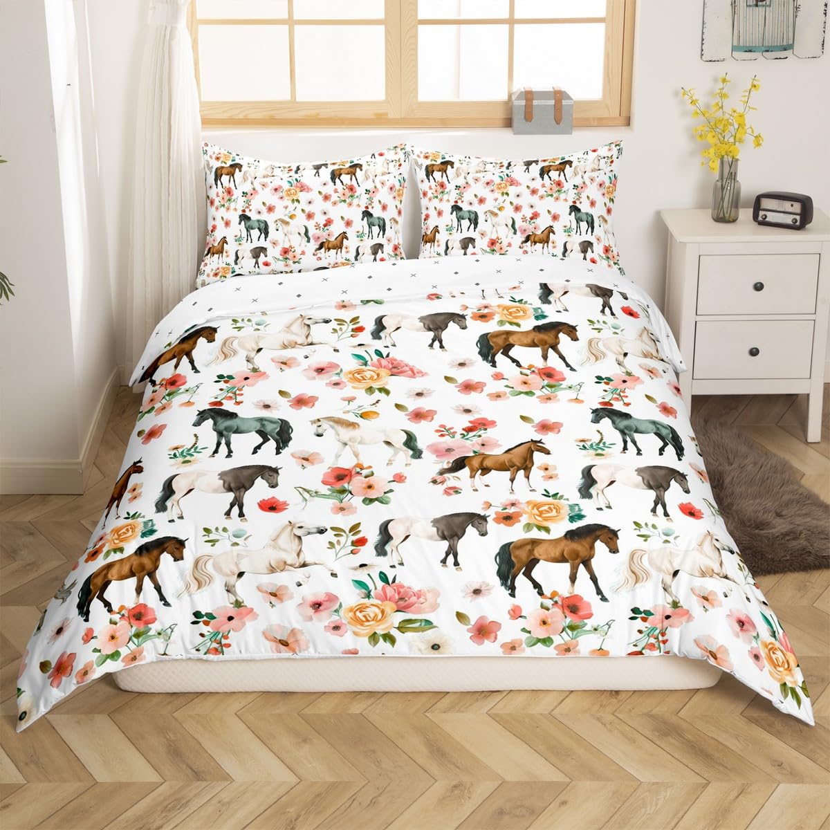Homemissing Horse Duvet Cover Set Single Size For Kids Girls Boys Teens Galloping Horse Bedding Set Cute Animal Decor Bedding Comforter Cover Set Floral Flower White Quilt Cover with 1 Pillowcase — image 1