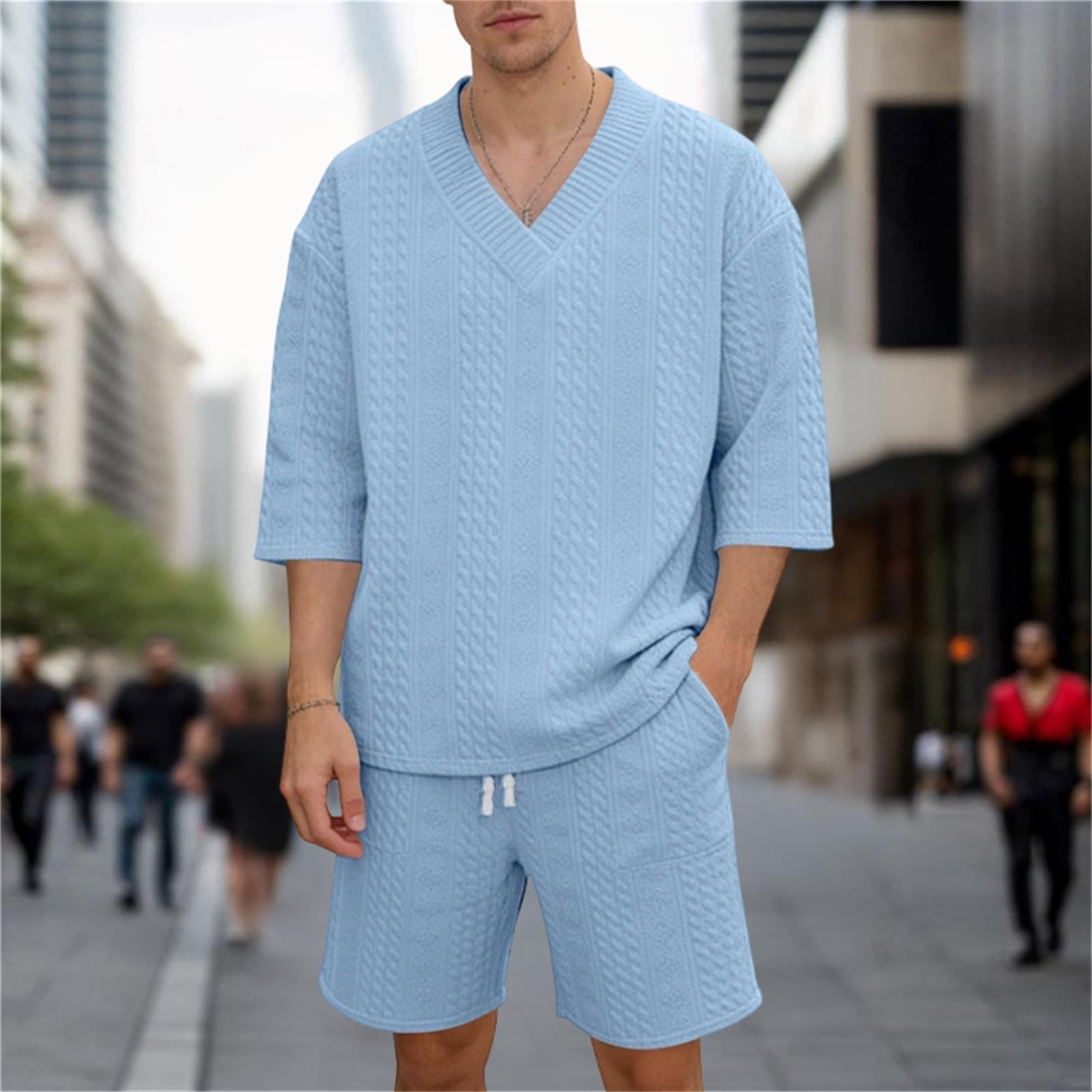 Generisch Chándal para hombre, jacquard, chándal de dos piezas, traje de verano, cuello de pico, camiseta y pantalones cortos, holgado, informal, para vacaciones en el resort