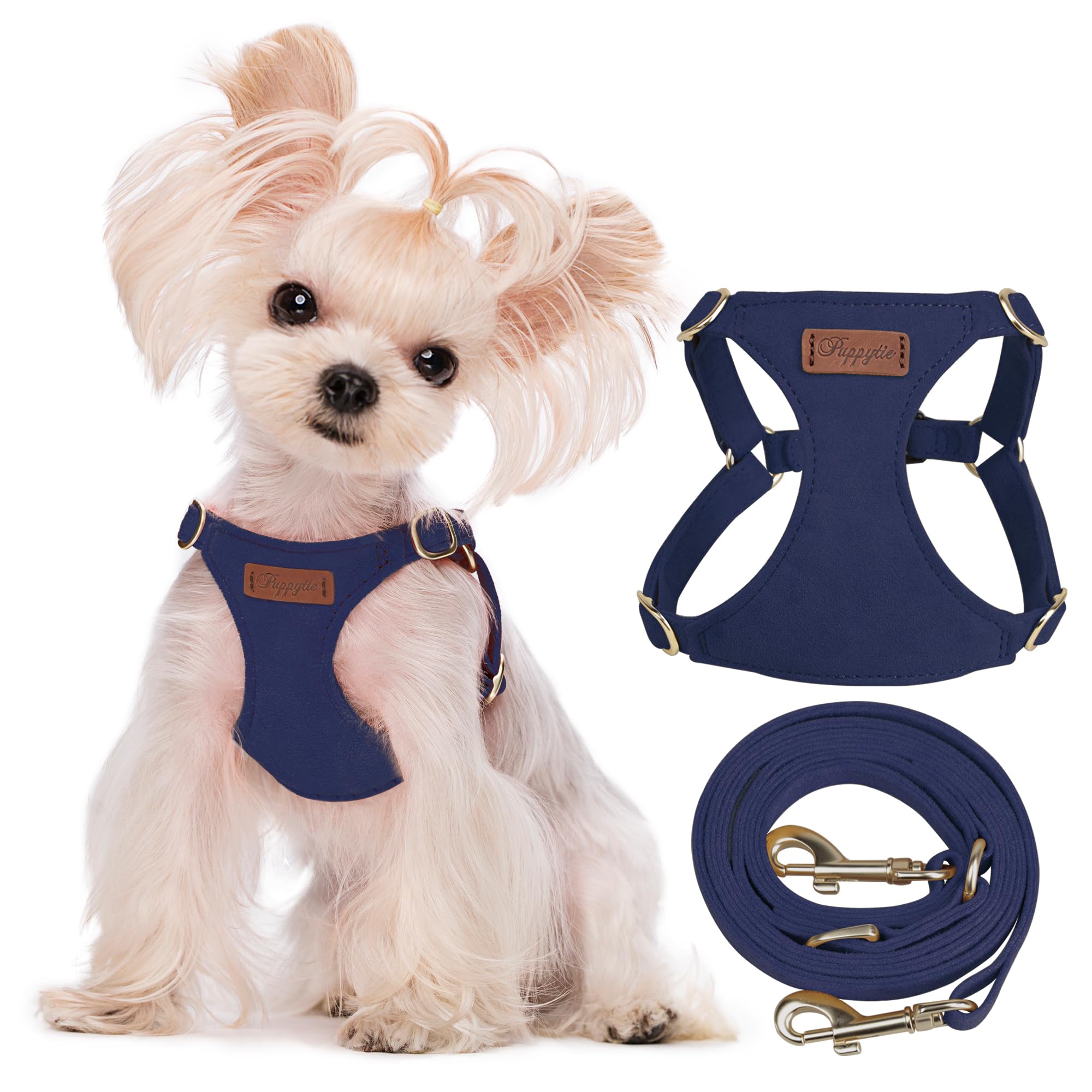 Puppytie No Pull XXS Puppy Harness with Multifunction Dog Leash,Soft Adjustable No Choke Escape Proof Pet Harness Vest,Navy,XXS
