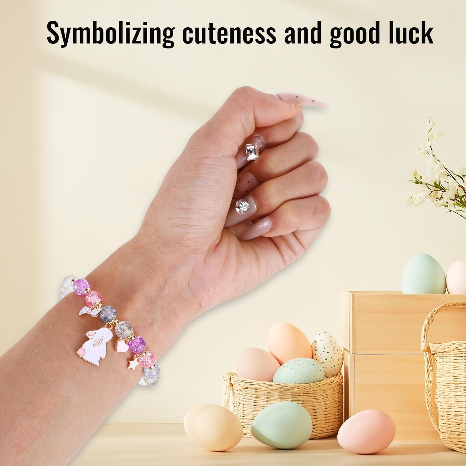 6PCS Easter Bracelets Easter Basket Stuffers Colorful Beaded Stretch Bracelet with Lucky Bunny Charm Spring Holiday Gifts for Women Party Favors Celebration Accessories