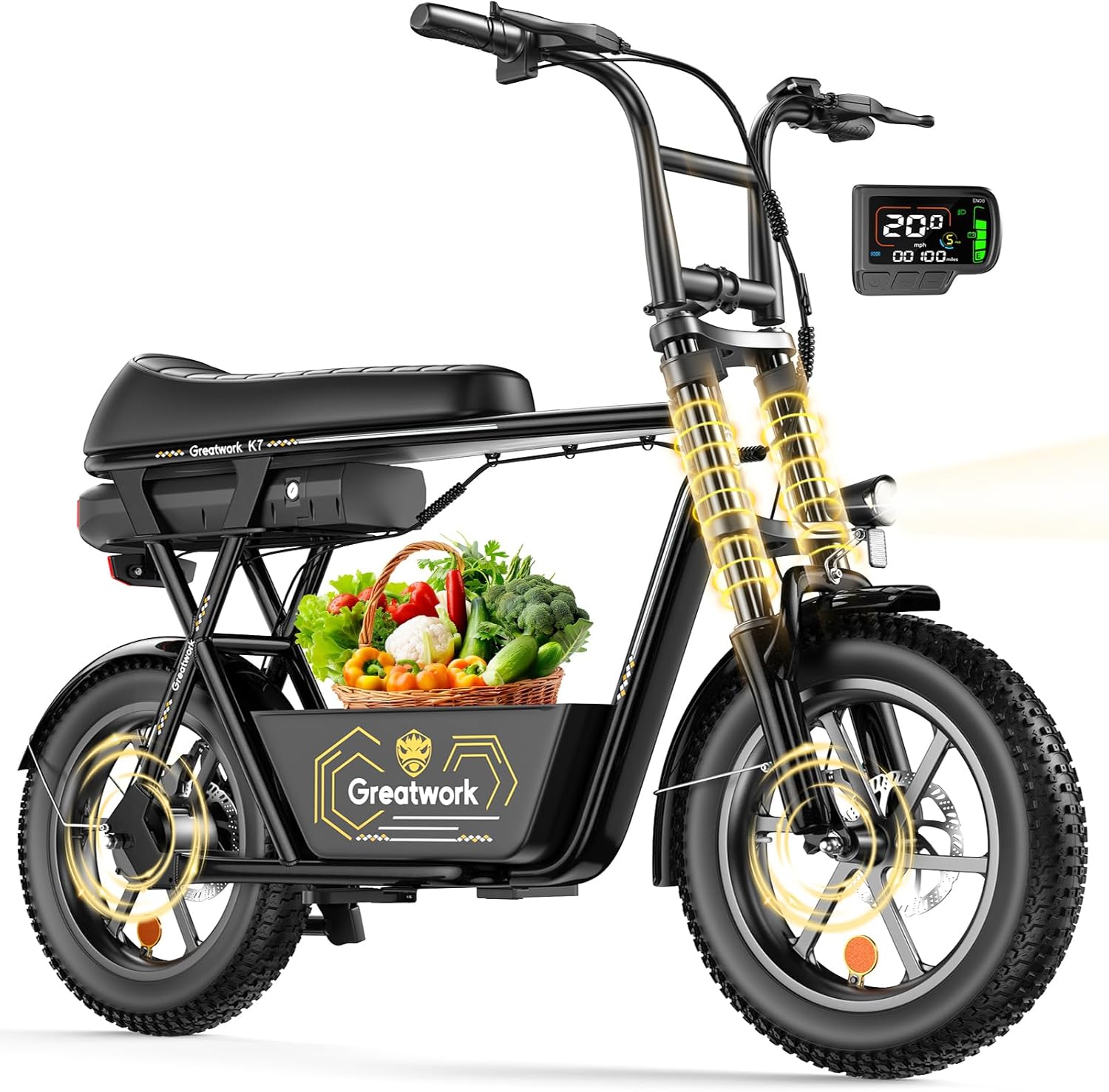 GREATWORK Peak 1200W Electric Scooter with Seat, 480Wh Removable Battery, 30 Miles Max Range, 20MPH Top Speed, 16x3.0 Fat Tire Motorcycle E Scooter for Adults with Basket for Pet s& Cargo