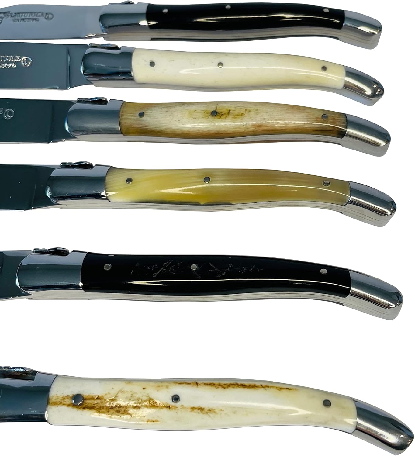 Laguiole en Aubrac Luxury Fully Forged Full Tang Stainless Steel Steak Knives 6-Piece Set with Mixed Horn Handles, Stainless Steel Shiny Bolsters