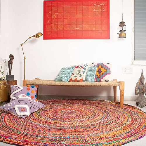 Eyes Of India - 5 Ft Round Colorful Natural Jute Chindi Sisal Woven Area Braided Rug Boho Chic Bohemian Accent Indian Handmade Handwoven #TOP6