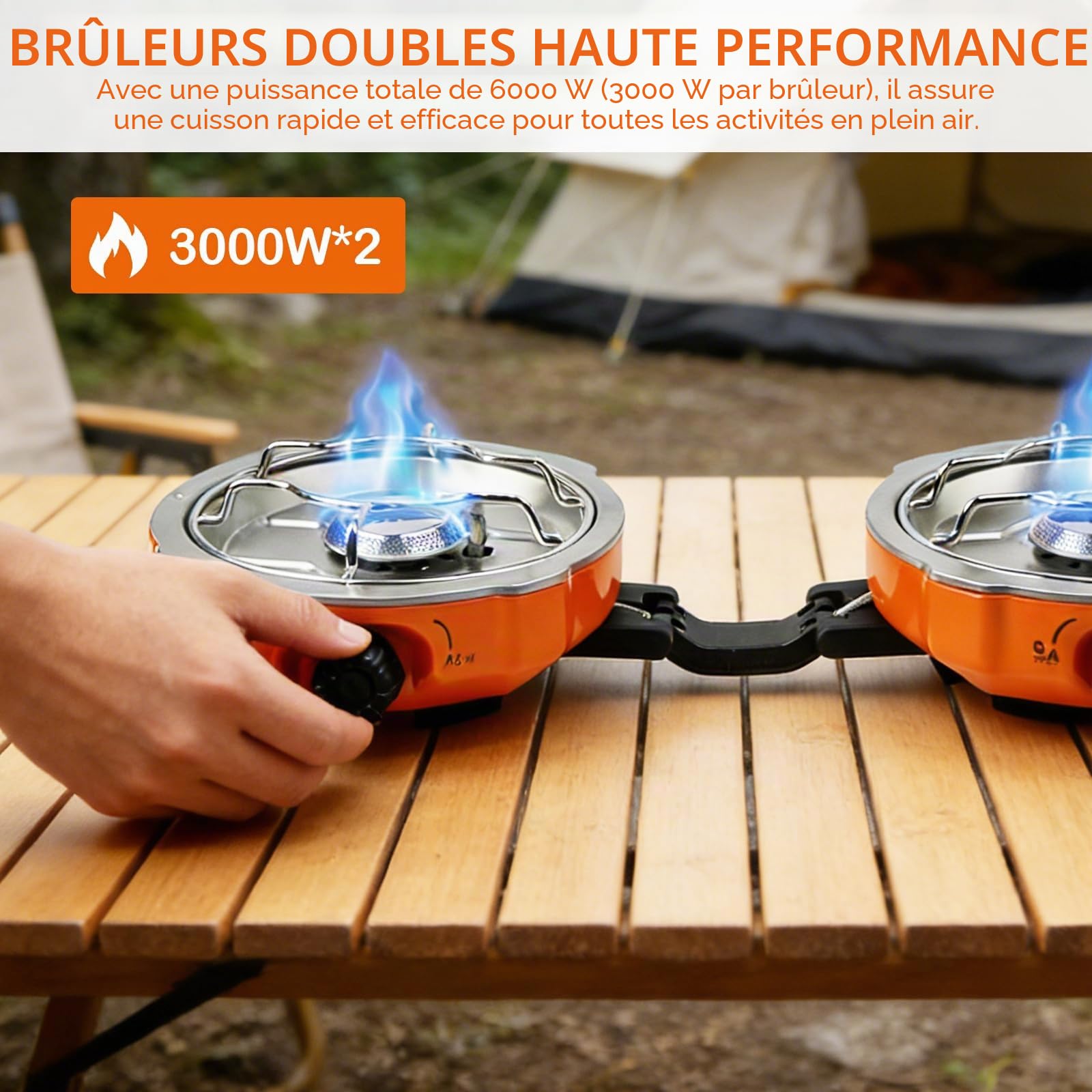 Réchaud de Camping à 2 Brûleurs, Réchaud à Gaz à 2 Feux Pliable avec Allumage Piézoélectrique, pour Barbecue en Plein Air, Randonnée et Urgences, Sac de Transport et Pare-vent Inclus