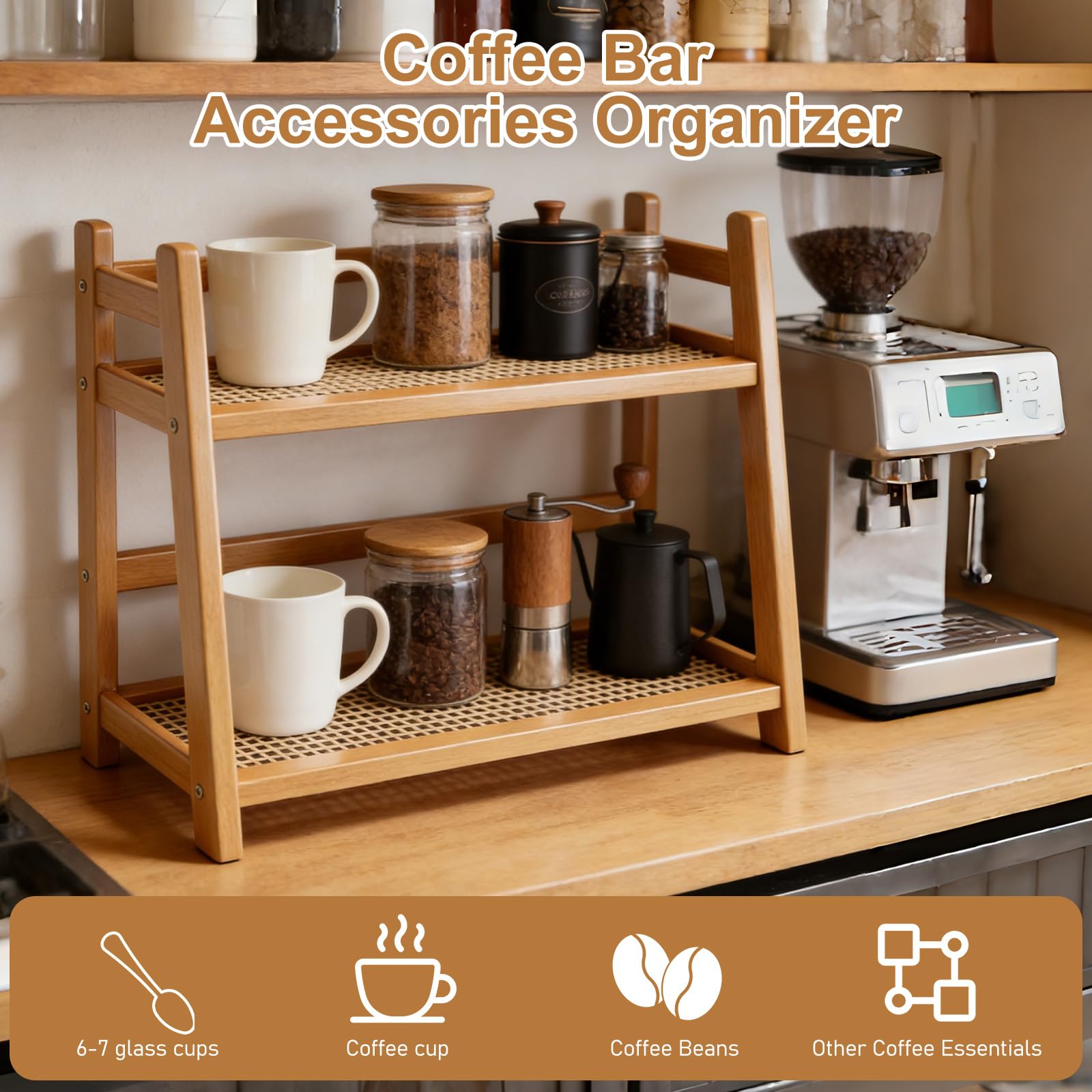 45 x 18 x 29 cm Organizador de cocina, 2 niveles de imitación de bambú, tejido de ratán, decoración de cocina, organización, almacenamiento de cápsulas de café y estante para especias, almacenamiento
