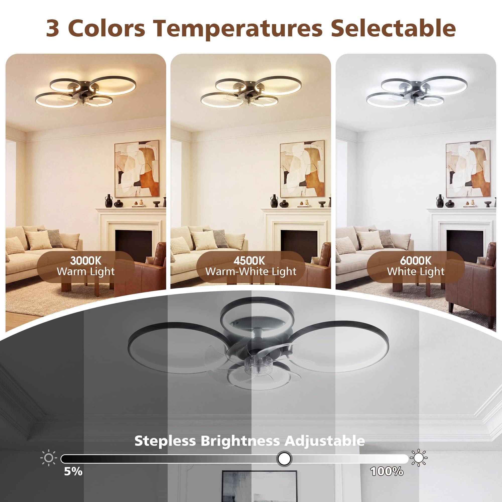 NIORSUN 78CM Deckenleuchte mit Ventilator, LED, dimmbar, Fernbedienung, App, 6-Gang, Timer, Schwarz
