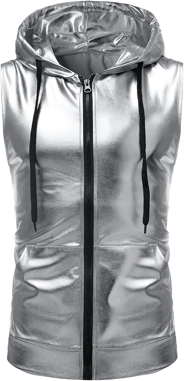 Mens Shiny Metallic Zip Up Sleeveless Hooded Vest T Shirt with Kangaroo Pocket