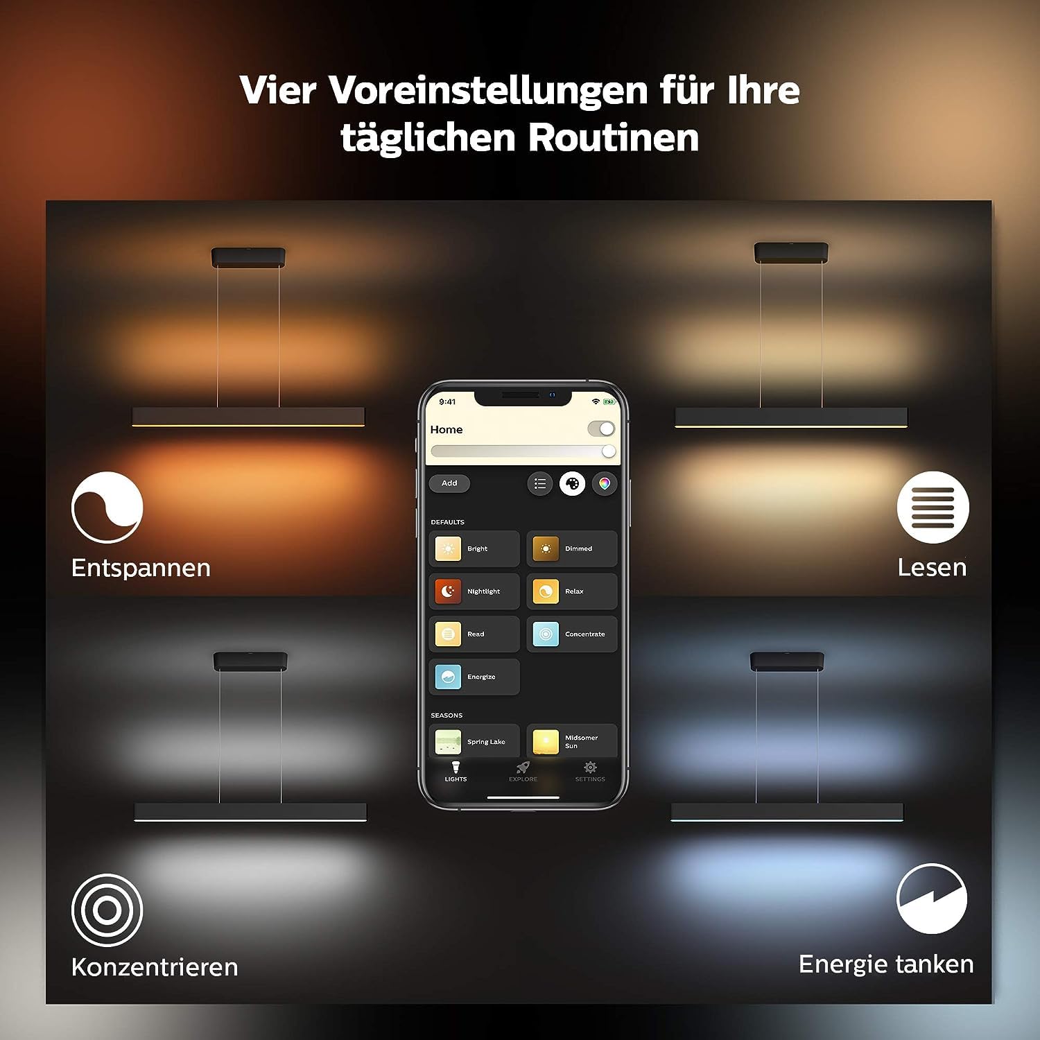 Philips Hue White & Color Ambiance Ensis Pendelleuchte (5.500 lm), dimmbare Esstischleuchte für das Hue Lichtsystem mit 16 Mio. Farben, smarte Lichtsteuerung über Sprache oder App, schwarz