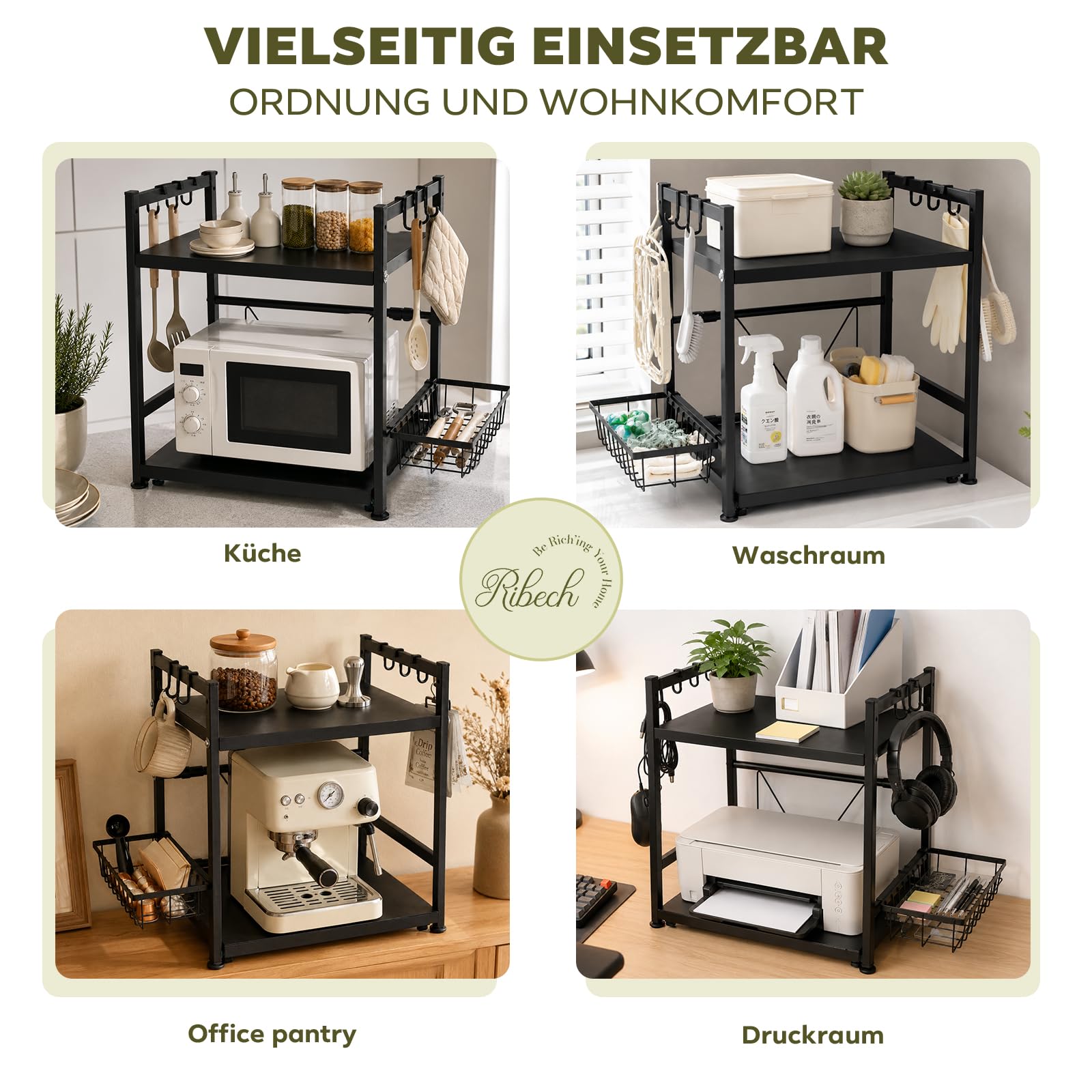 Verstellbarer Mikrowellenständer mit Ausziehablage, Korb & Haken