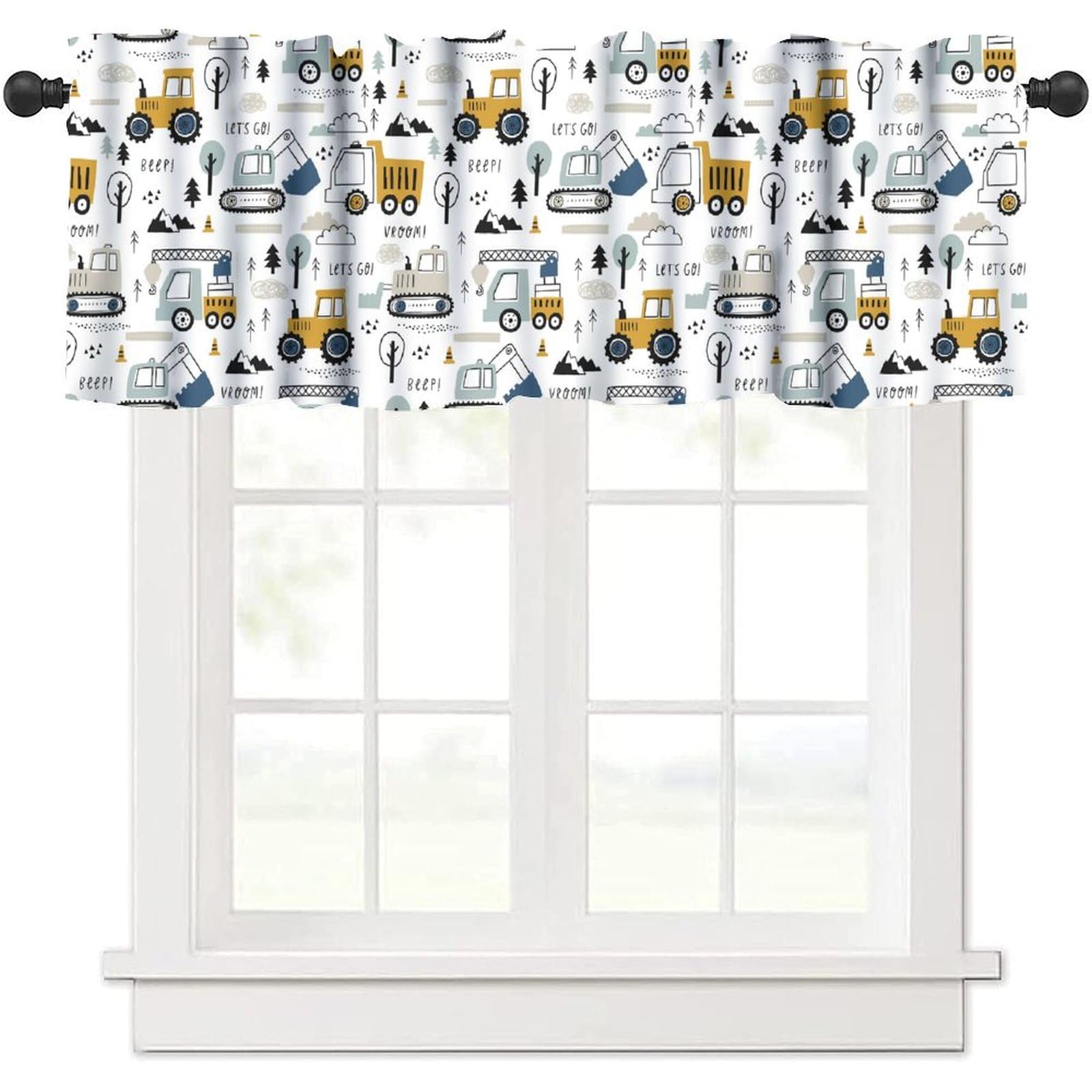 Cartoon Car Cute Truck Valance Curtain Construction Comter Tractor White Yellow Rod Pocket Short Window Treatments for Kitchen Kid Boys Bedroom Nursery Bathroom Living Decor Drapes 54x18inch