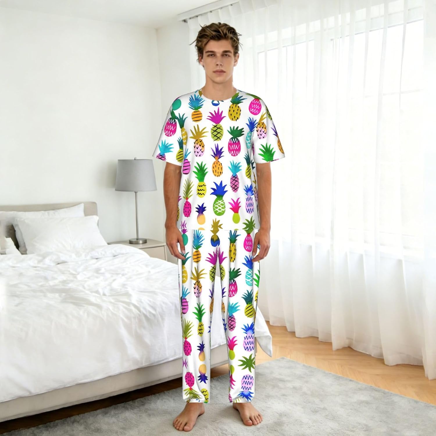 Men'S 2 Piece Loungewear Pajama Set Rainbow Pineapple Print Short Sleeve Tee Top And Pants Set S-3xl