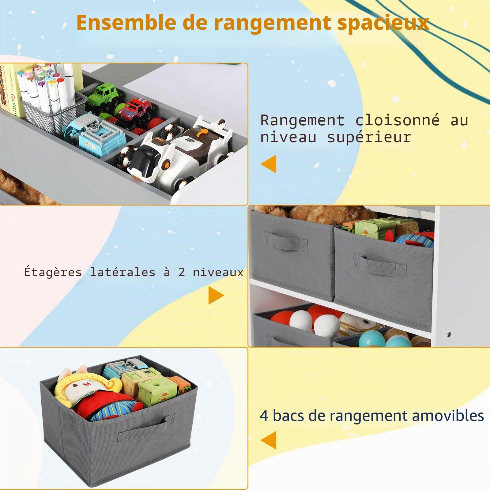 Clevich Table pour Enfant avec 2 Chaises, Table avec Espace de Rangement, Ensemble de Chaises en Bois, Bureau de Peinture avec Rouleau en Papier et 4 Boîtes de Rangement, Gris Blanc