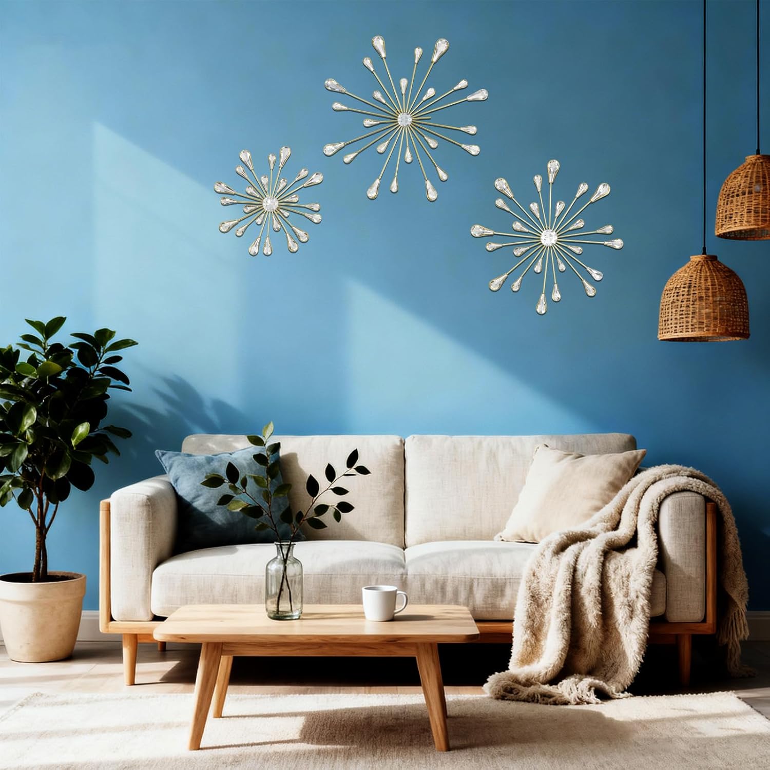 PEDOBALI 5 Pcs Starburst Wall Decor Radial Metal Artwork Gold Bling Wall Art Crystal Teardrop Modern Accent Sculptures Decorations 3D Hanging Rhinestone for Office Home Living Room Bedroom