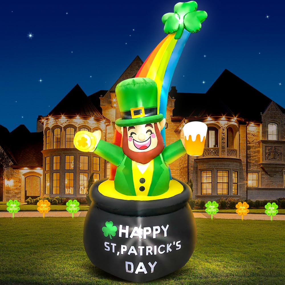 KOOY 8FT St Patricks Day Inflatables Outdoor Decorations,Inflatable Leprechaun in Pot of Gold with Rainbow Blow up Yard Decorations,St Patrick Decorations for Yard Holiday Party Garden Lawn Décor