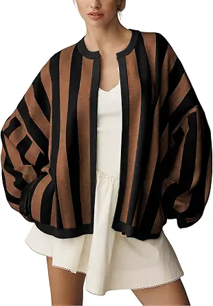 Women's Casual Loose Fit Striped Cardigan with Balloon Sleeves