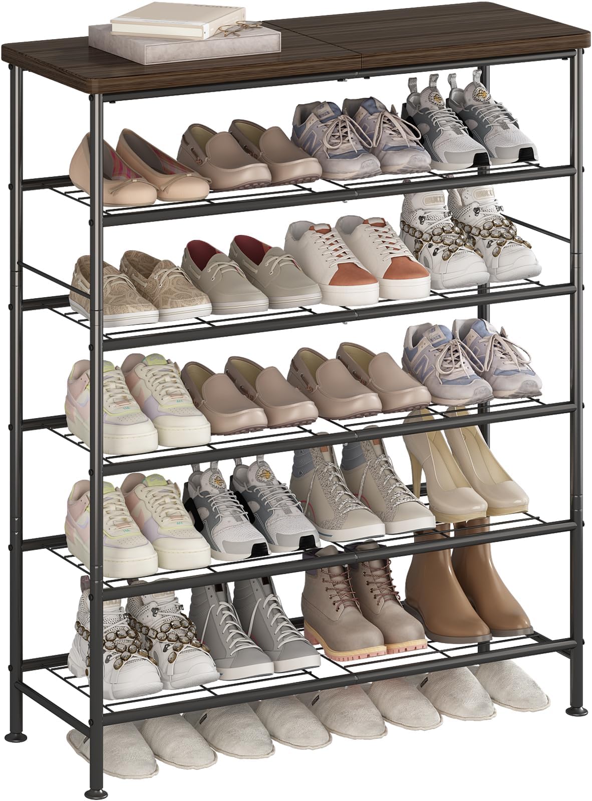 SUOERNUO Shoe Rack Organizer 6 Tier for Closet Entryway Free Standing Metal Storage Shoe Shelf with MDF Top Board，Black