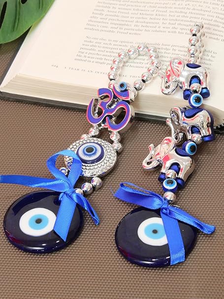 TIED RIBBONS Metal Set Of 2 Turkish Om Elephant Blue Evil Eye Hanging For Home Entrance Wall Door Car Dashboard Pendant Ornament Office Good Luck And Prosperity Decorative Gift Items (17.7 Cm)