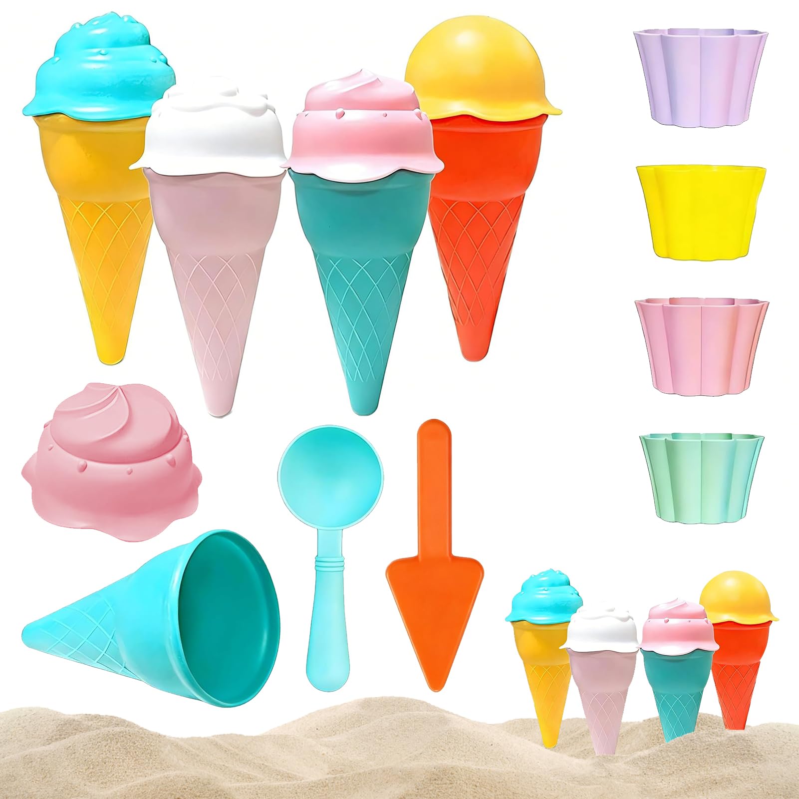 Ice Cream Beach Toy Set for Kids, 14 Piece Sand Pit Toys with Colorful Plastic Ice Cream Cones & Tubs Scoop Molds, Kid Outdoor Play Sand Toys for Children Summer Beach Games