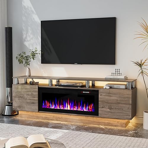 Miniatura 10 de Soporte de TV con chimenea de 36 pulgadas, soporte de TV negro de 70 pulgadas para sala de estar, moderno soporte de TV con chimenea eléctrica con