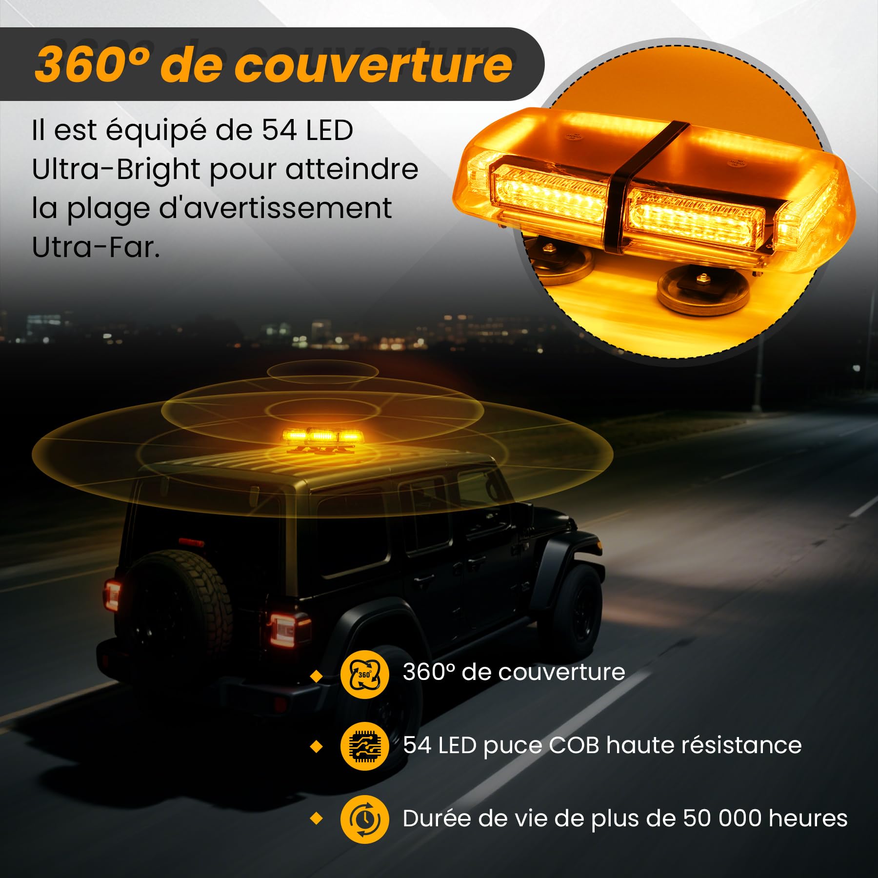 Gyrophare LED Orange 54 LED 12/24V, 7 Modes, Magnétique | IP65 étanche pour conditions climatiques difficiles, fixation magnétique adaptée aux voitures,camions et dépanneuses