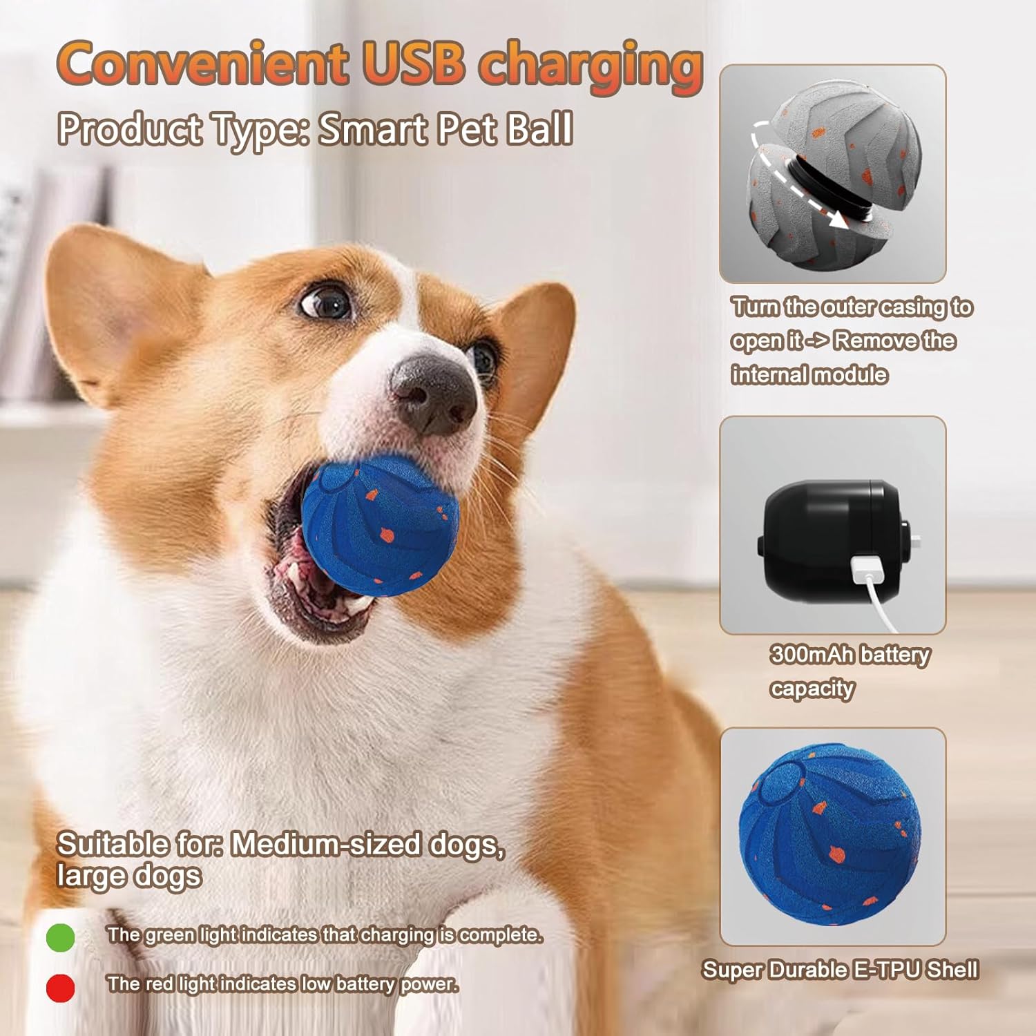 Smart Interactive Dog Toy, Automatic Moving, Bouncing and Rotating, E-TPU Material, IPX7 Waterproof Rating, Active Rolling Ball for Medium and Large Dogs-Blue