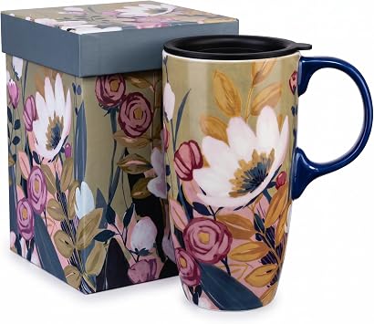Topadorn 17oz Ceramic Travel Mug with Lid, Vintage Botanical Floral Coffee Mug, Large Ceramic Coffee Cup with Handle, Microwave & Dishwasher Safe, Gift Box Included