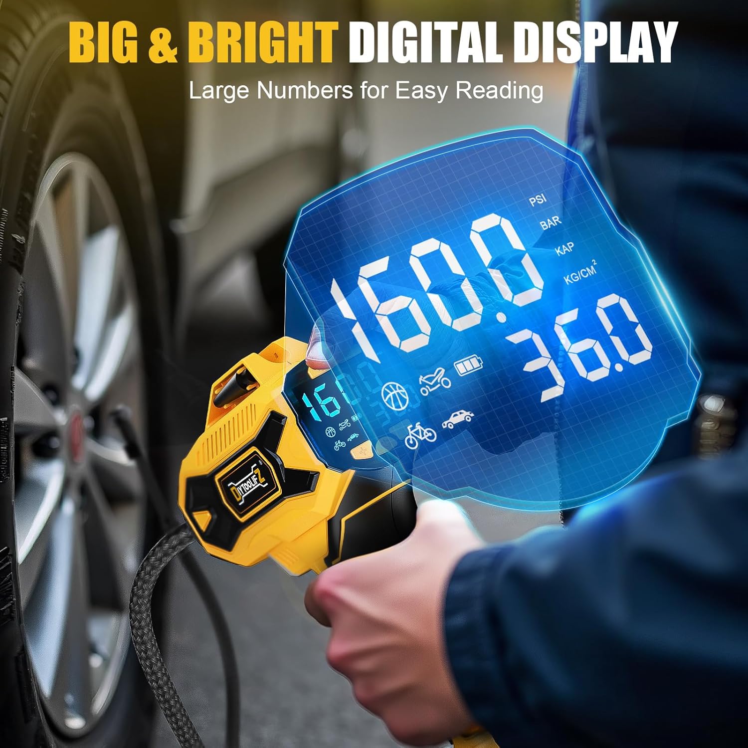 Cordless Tire Inflator Air Compressor Compatible with Dewalt 20V Battery, 160PSI Portable Air Pump with Digital Pressure Gauge, Fast Inflation for Cars, Motorcycles, Bikes(Bare Tool) - Image 3