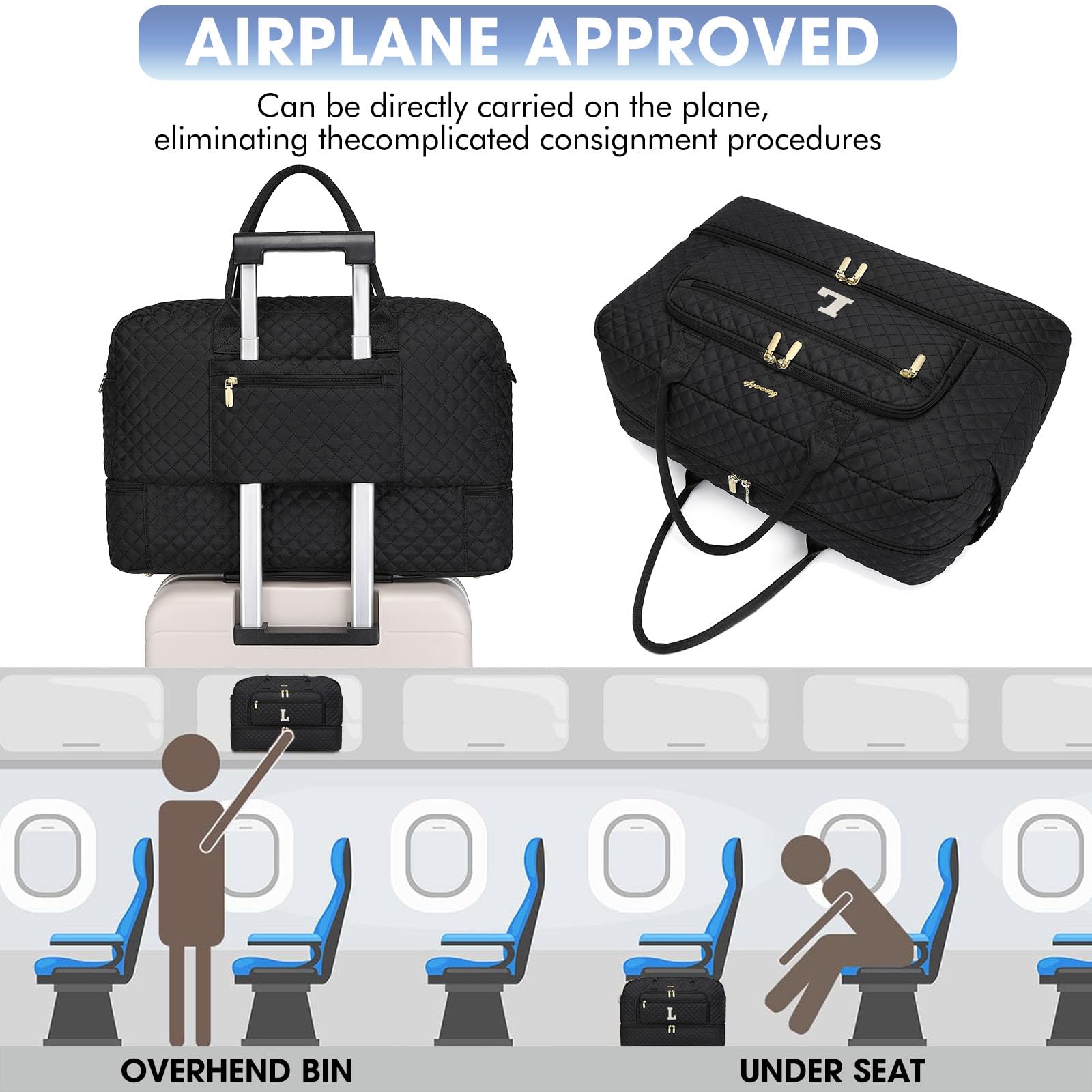 Initial Travel Duffle Bag for Women - Black Personalized Weekender bags Overnight Bag with Shoe Compartment & Wet Pocket Weekend Tote Bags with Toiletry Bag Monogram Christmas Gift (Letter L) view 5