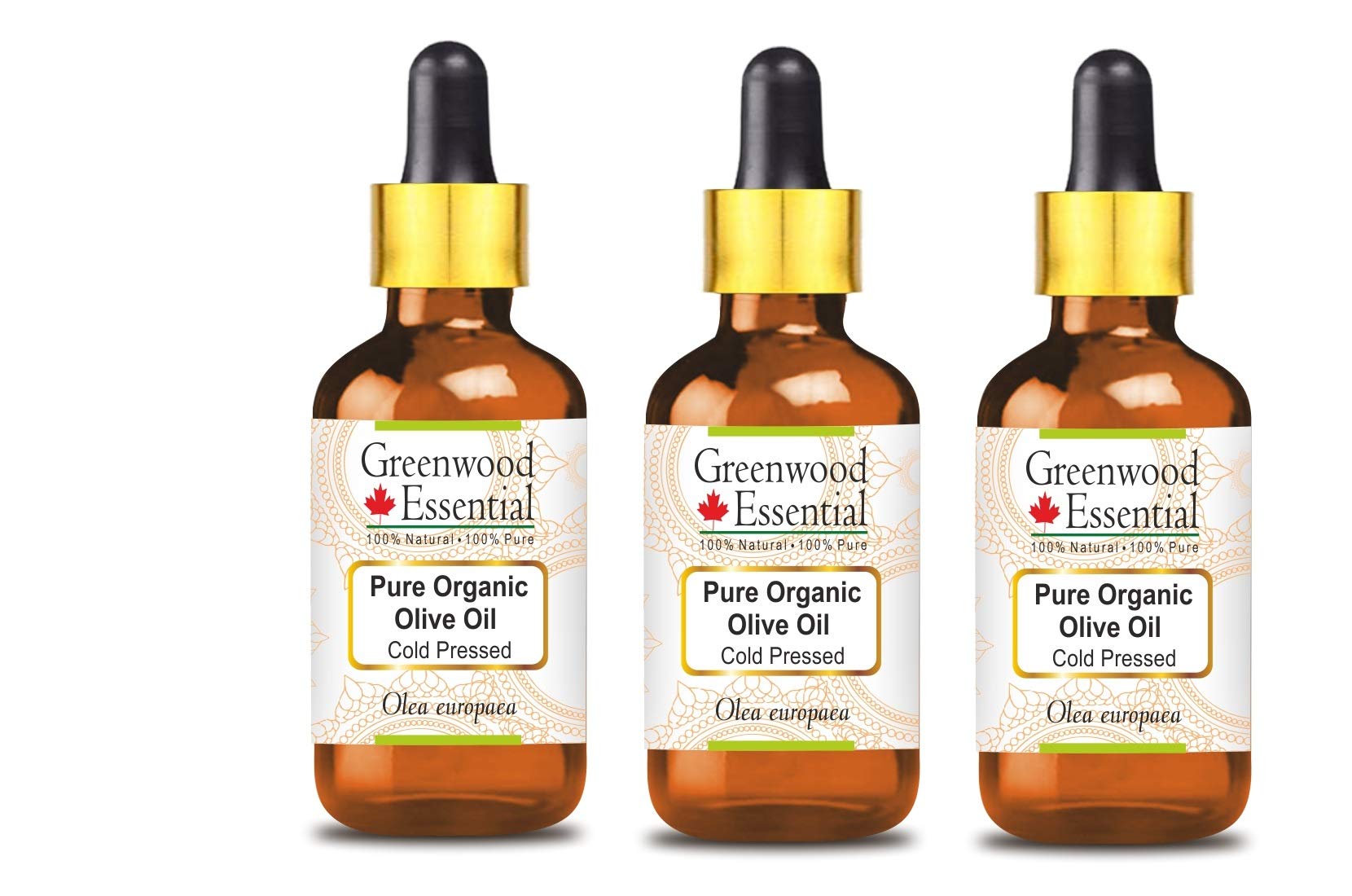Greenwood Essential Olio di oliva organico puro (Olea europaea) con contagocce in vetro, qualità terapeutica naturale, spremuto a freddo, 100 ml x 3 (10 oz)