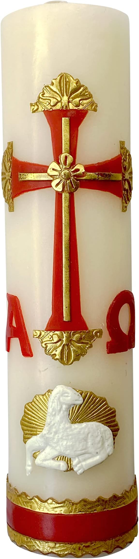 Angelitos de Mexico Alpha Omega Candle for Baptism, Confirmation, Easter Lent Cirio Para Bautizo, Confirmacion O Boda Cirio Pascual (Red)