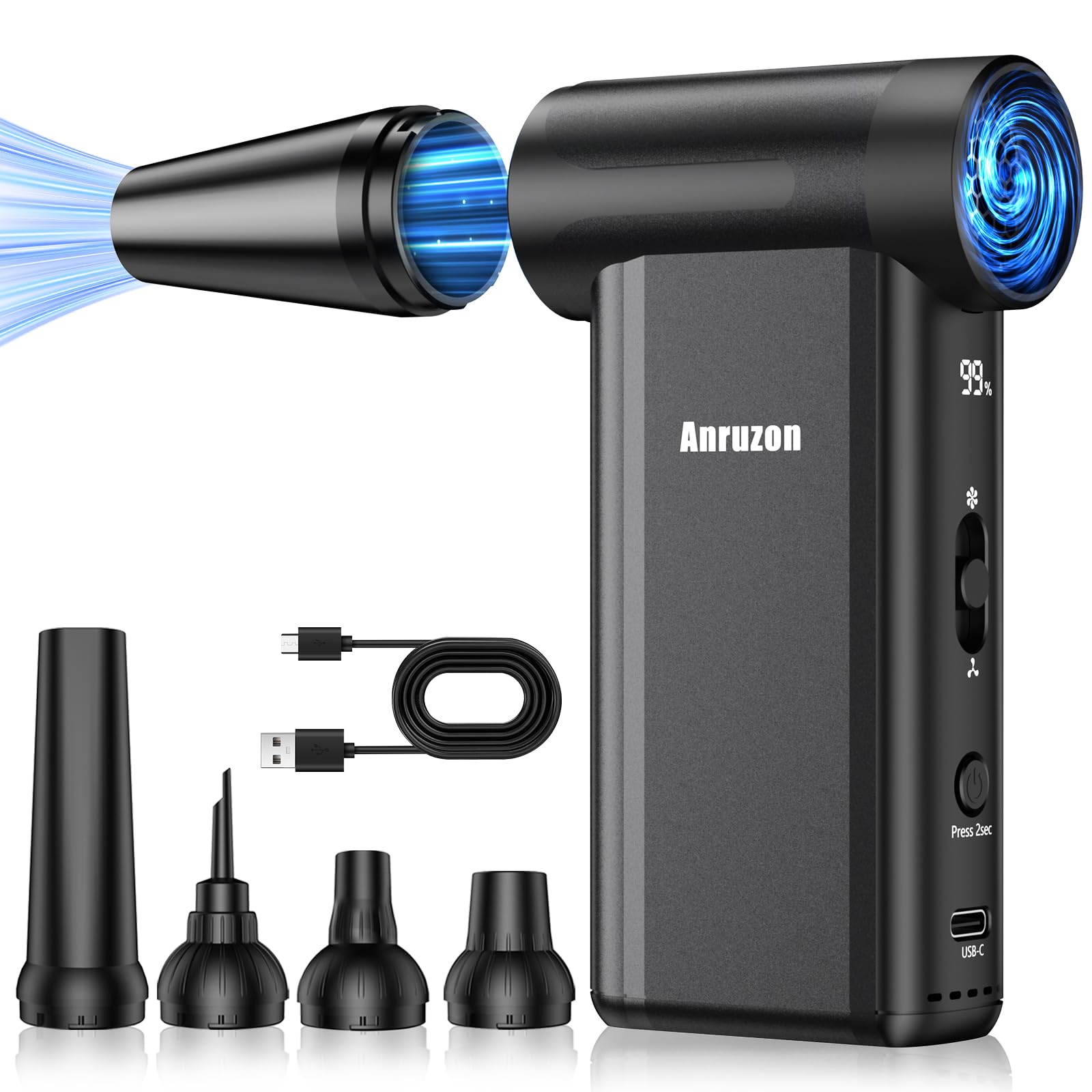 Soffiatore d'Aria Elettrico per Pulizia PC, Spray Aria Compressa 300000 RPM, 8 Velocità, Ricaricabile 7600mAh, Pulizia Tastiera, Elettronica, Interni Auto, Divano