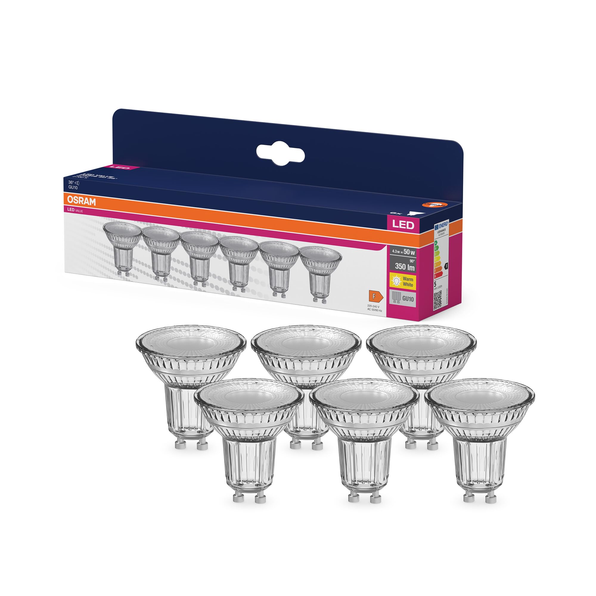 Osram LED Star VALUE PAR16, Vorteilspack mit 6 Leuchtmittel, ersetzt herkömmliche 50W Reflektor Glühbirnen, warmweiß (2700K), 4.3W, GU10 Sockel, Filament Glas, nicht dimmbar