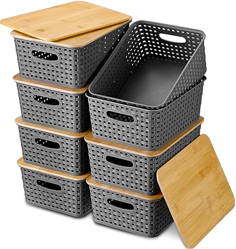 Miniatura 1 de Barydat Paquete de 8 cestas de almacenamiento de plástico con tapa de bambú, contenedores de almacenamiento con tapa para estantes, cajones,
