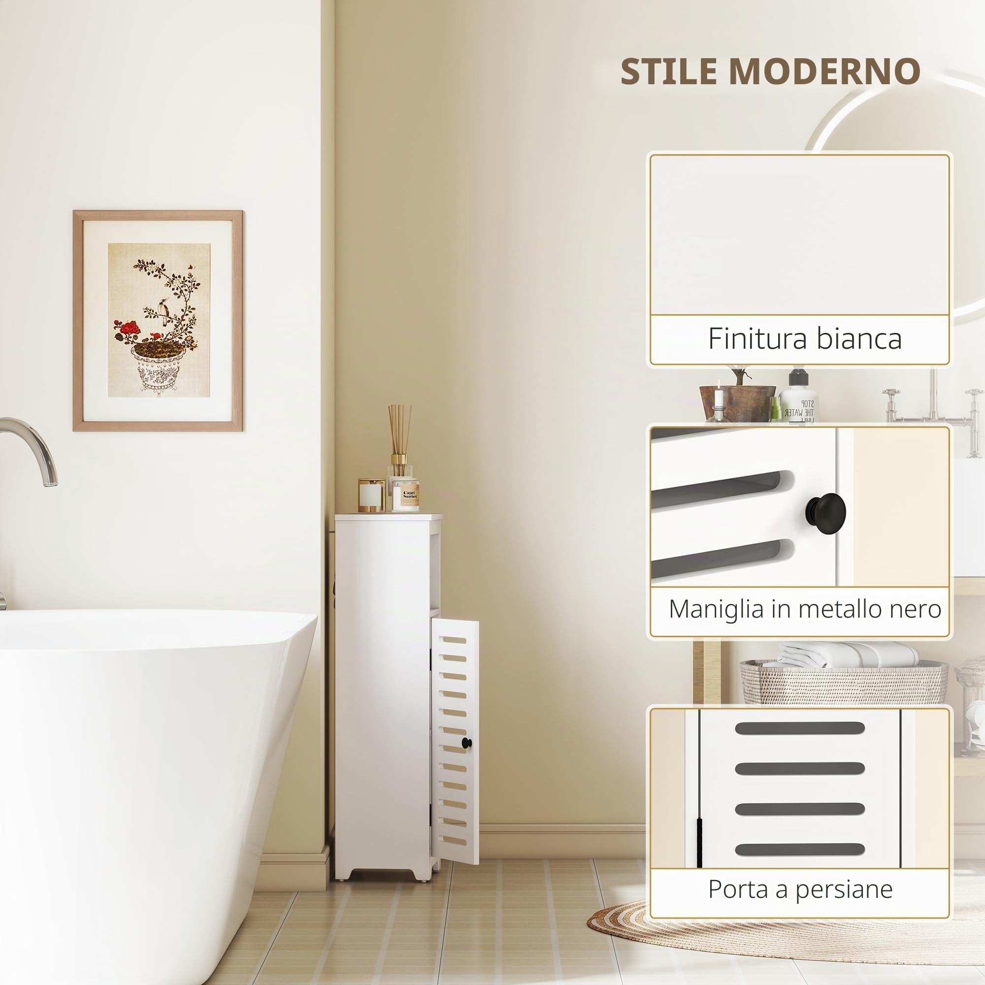 HOMCOM Armadietto bagno sottile porta persiana, ripiano aperto, bianco