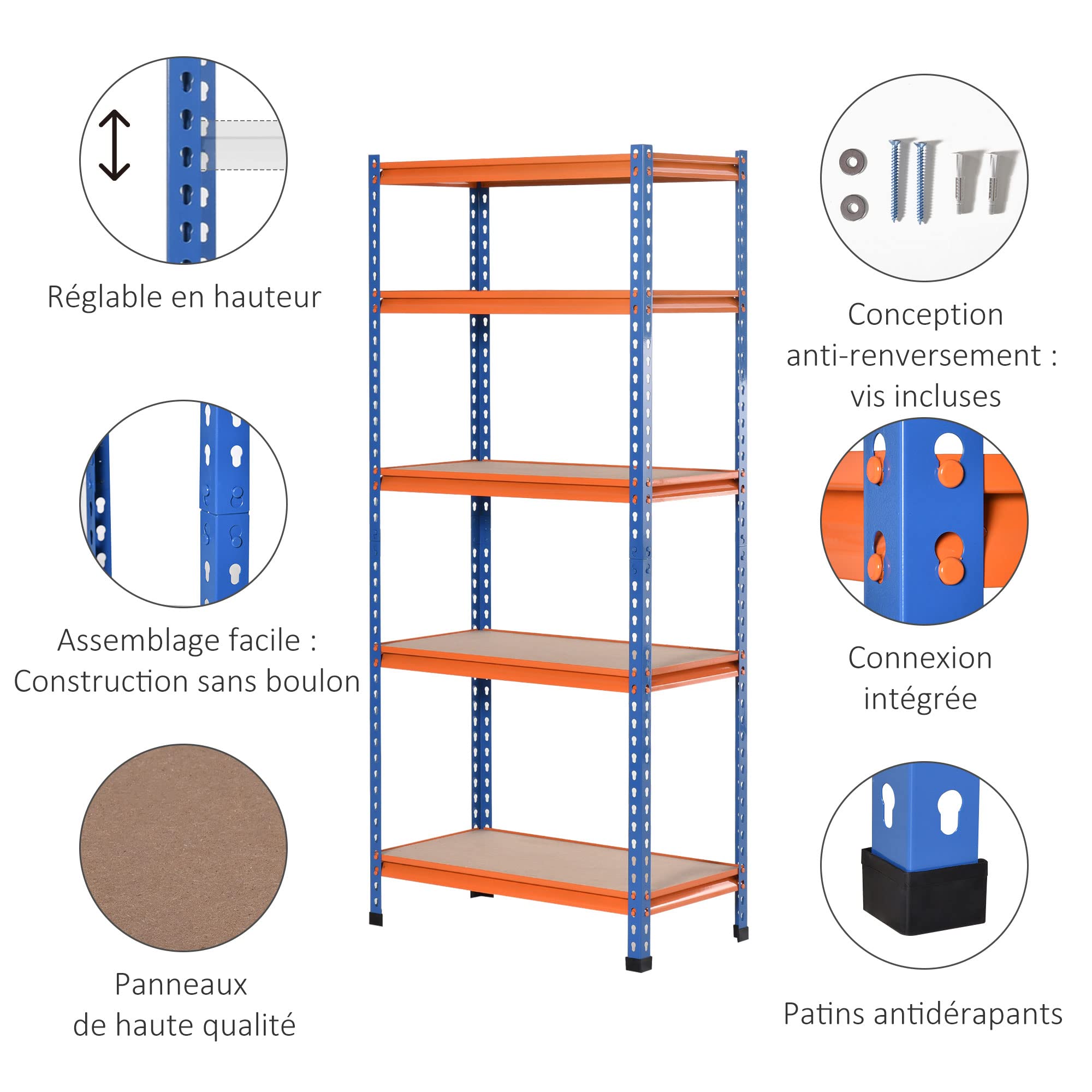 HOMCOM Étagère Charge Lourde en métal à 5 Niveaux étagère de Garage étagère de Rangement capacité 1500 kg 80 x 40 x 182 cm Bleu Orange