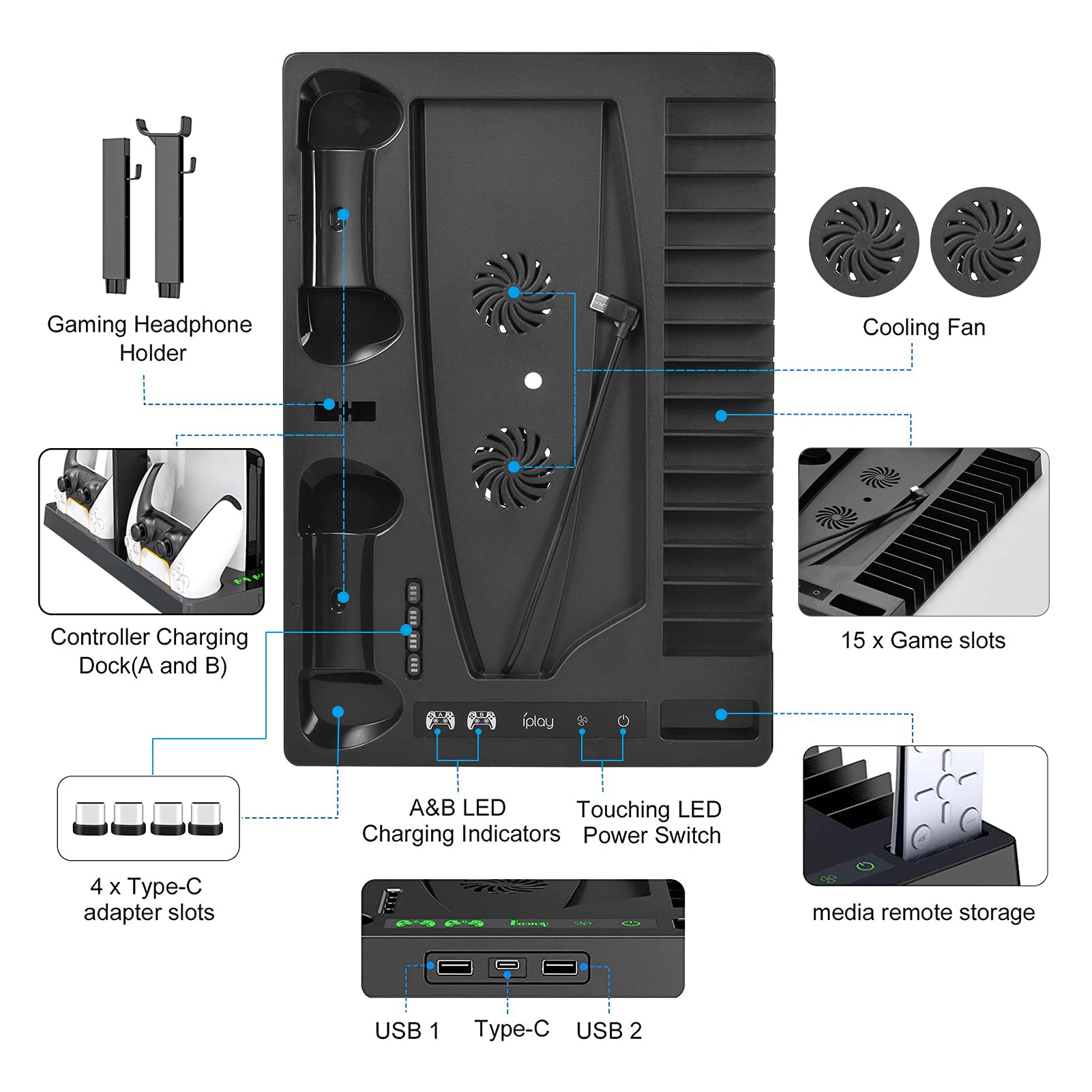 Soporte vertical con ventilador de refrigeración para PS5, puertos de cargador multifunción con soporte para auriculares y 15 estantes de juego para Playstation 5 (incluye 10 joysticks de pulgar Ps5)